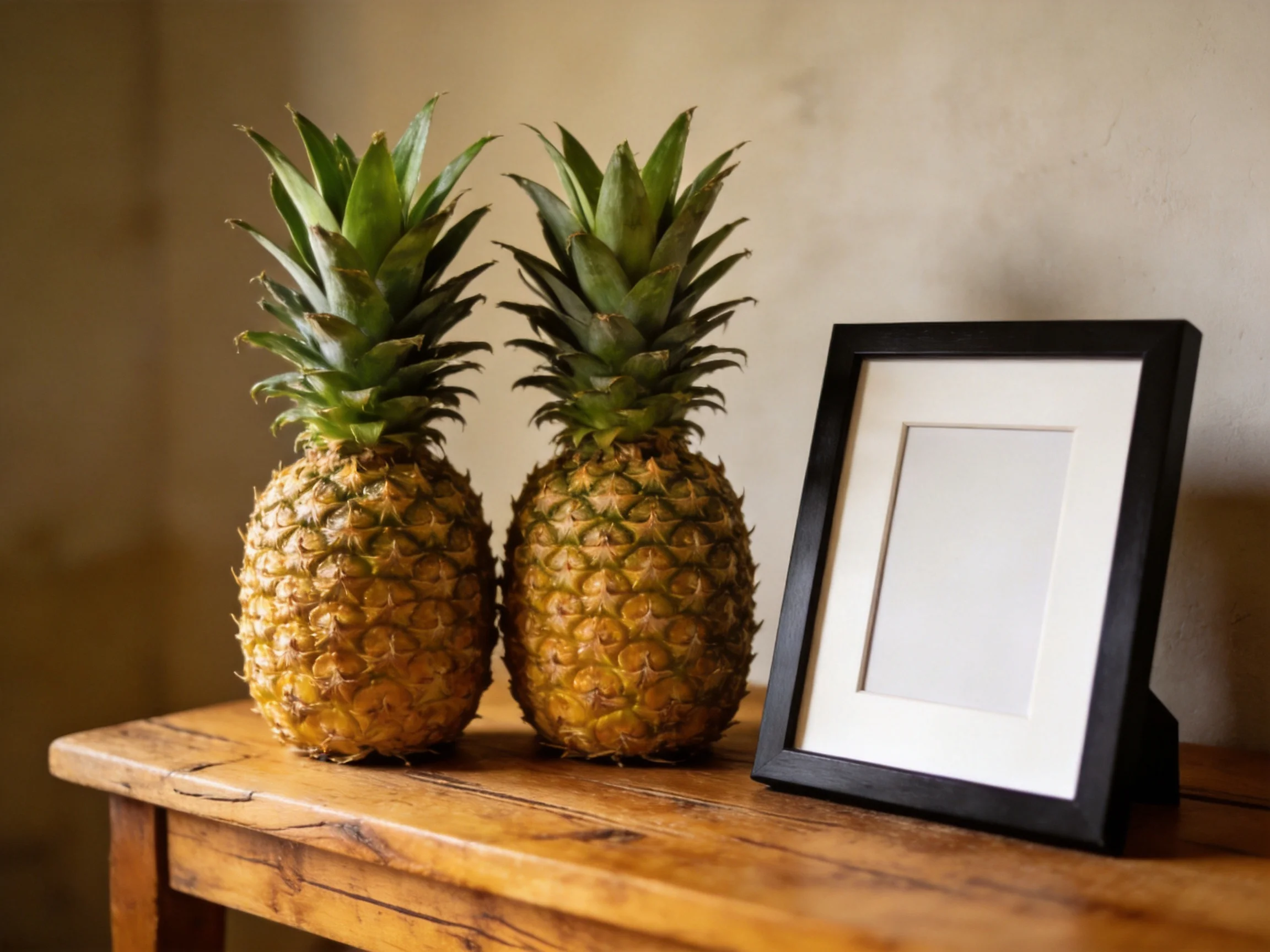 Two golden pineapples sit beside a black-framed photo on a wooden table