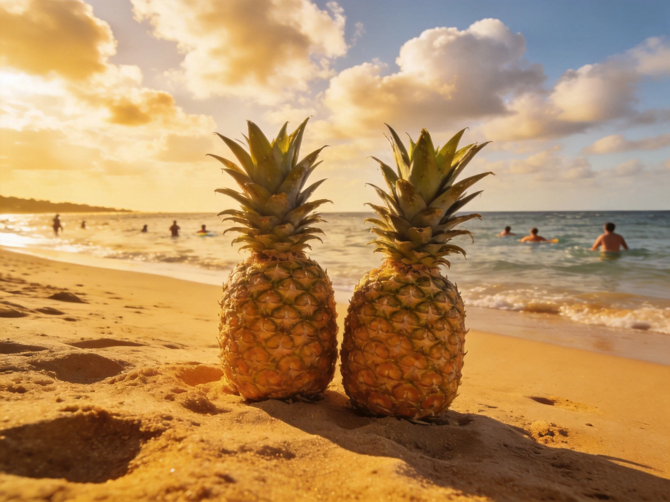 Two golden pineapples sit on a sunlit sandy beach near the ocean