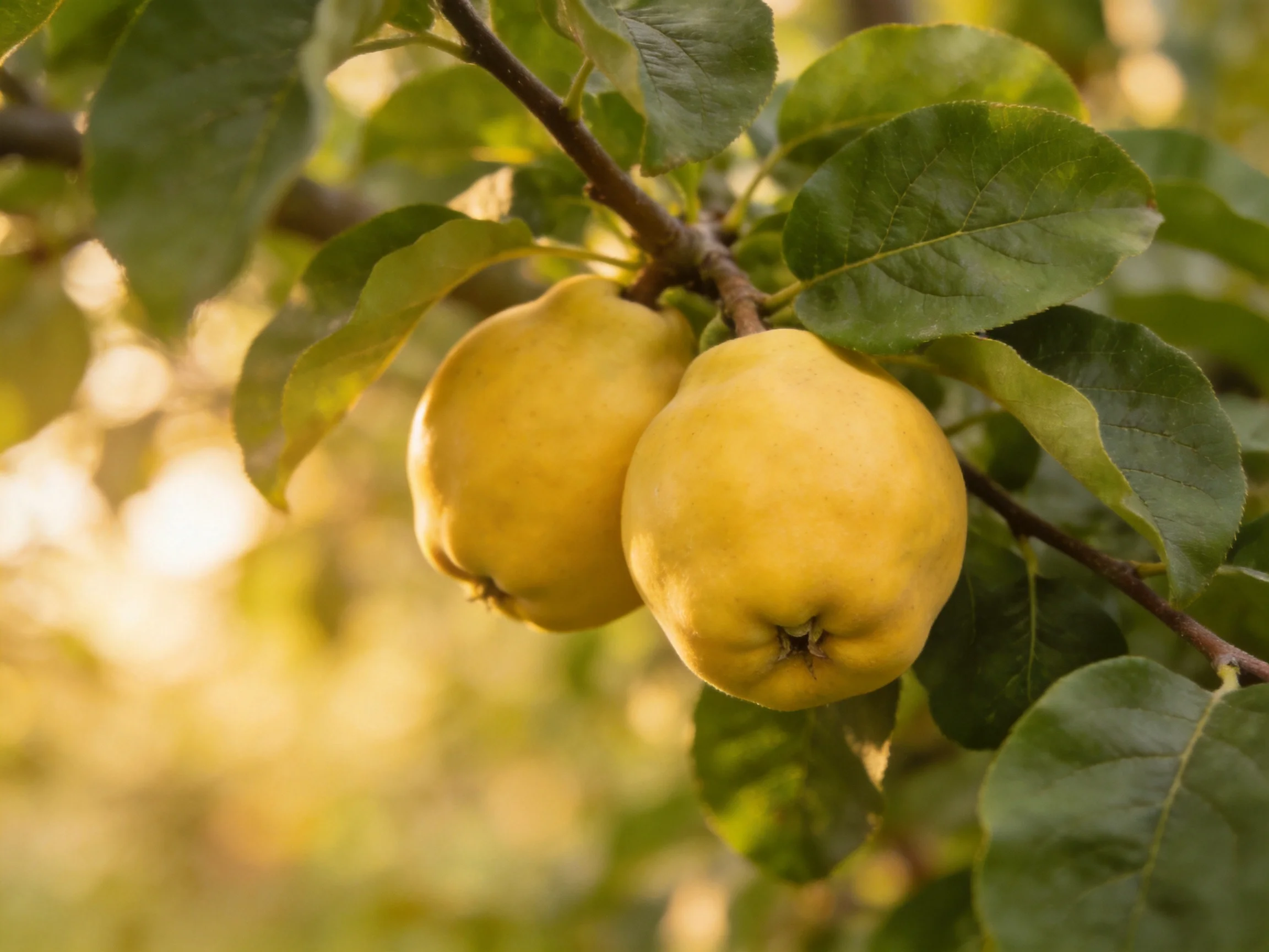 Two golden quince fruits hang from a tree branch amid green foliage