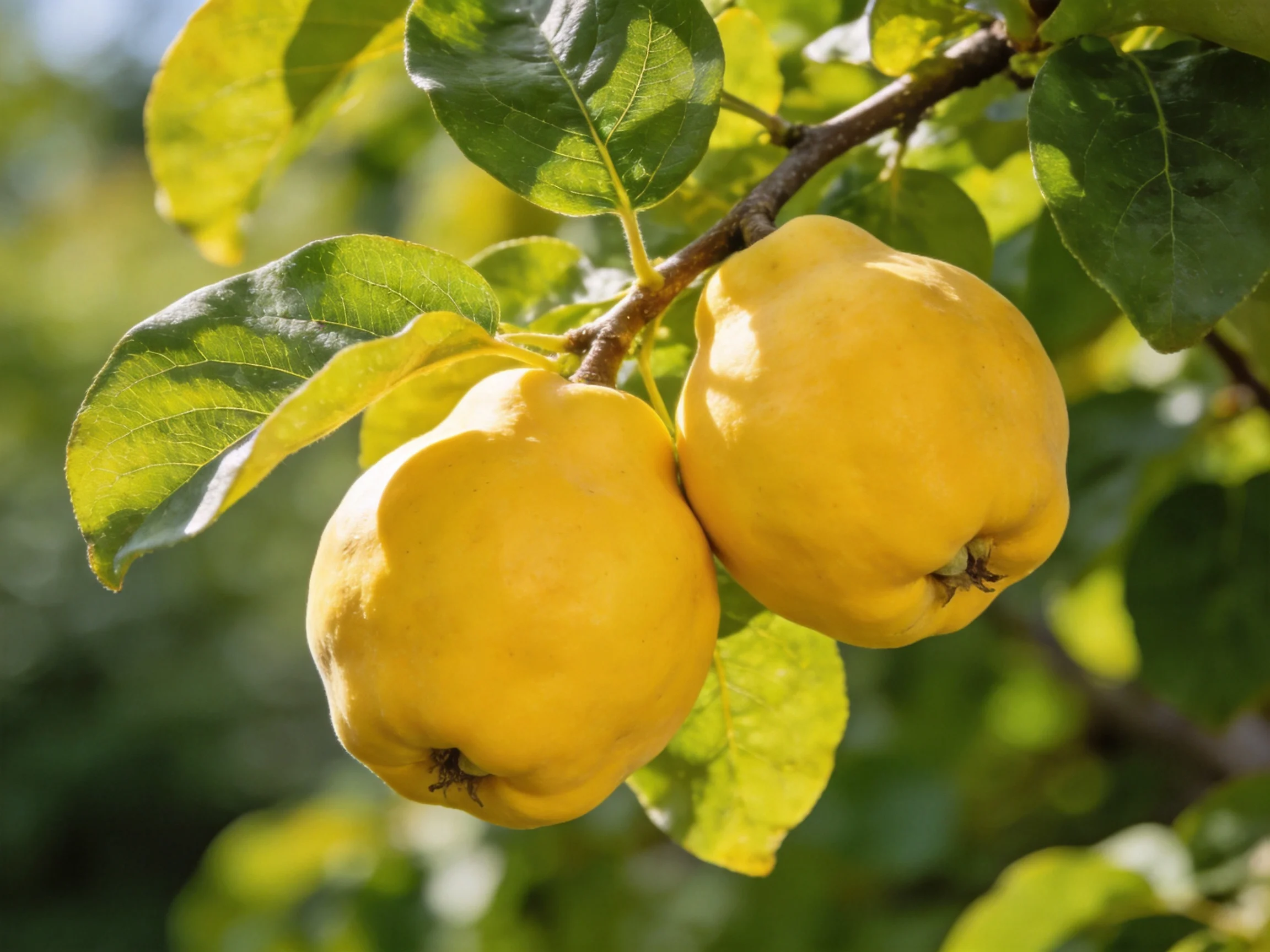 Two golden quince fruits hang from a tree branch amid lush green leaves