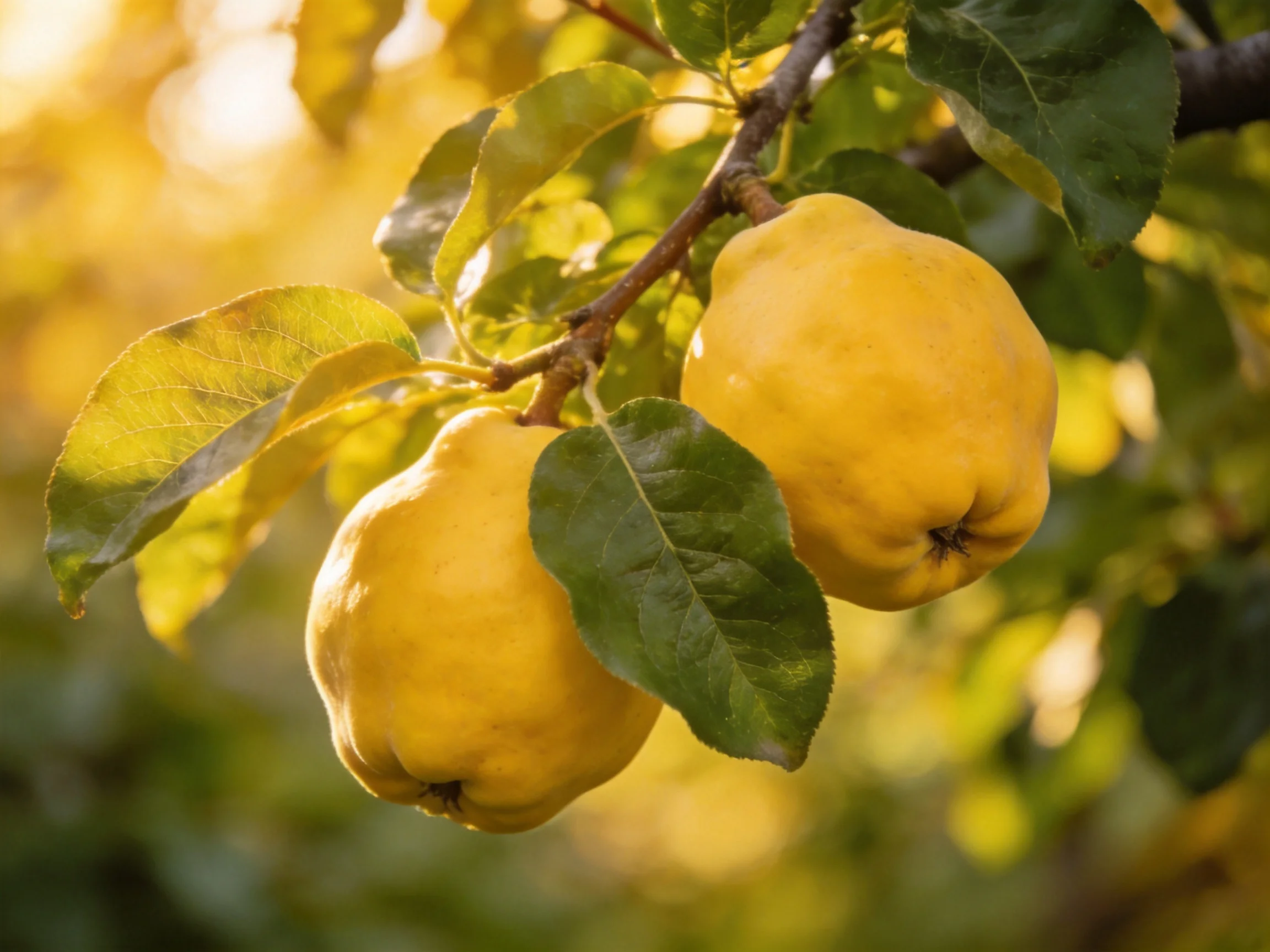 Two golden quinces hang from a tree branch amid lush green leaves under warm sunlight