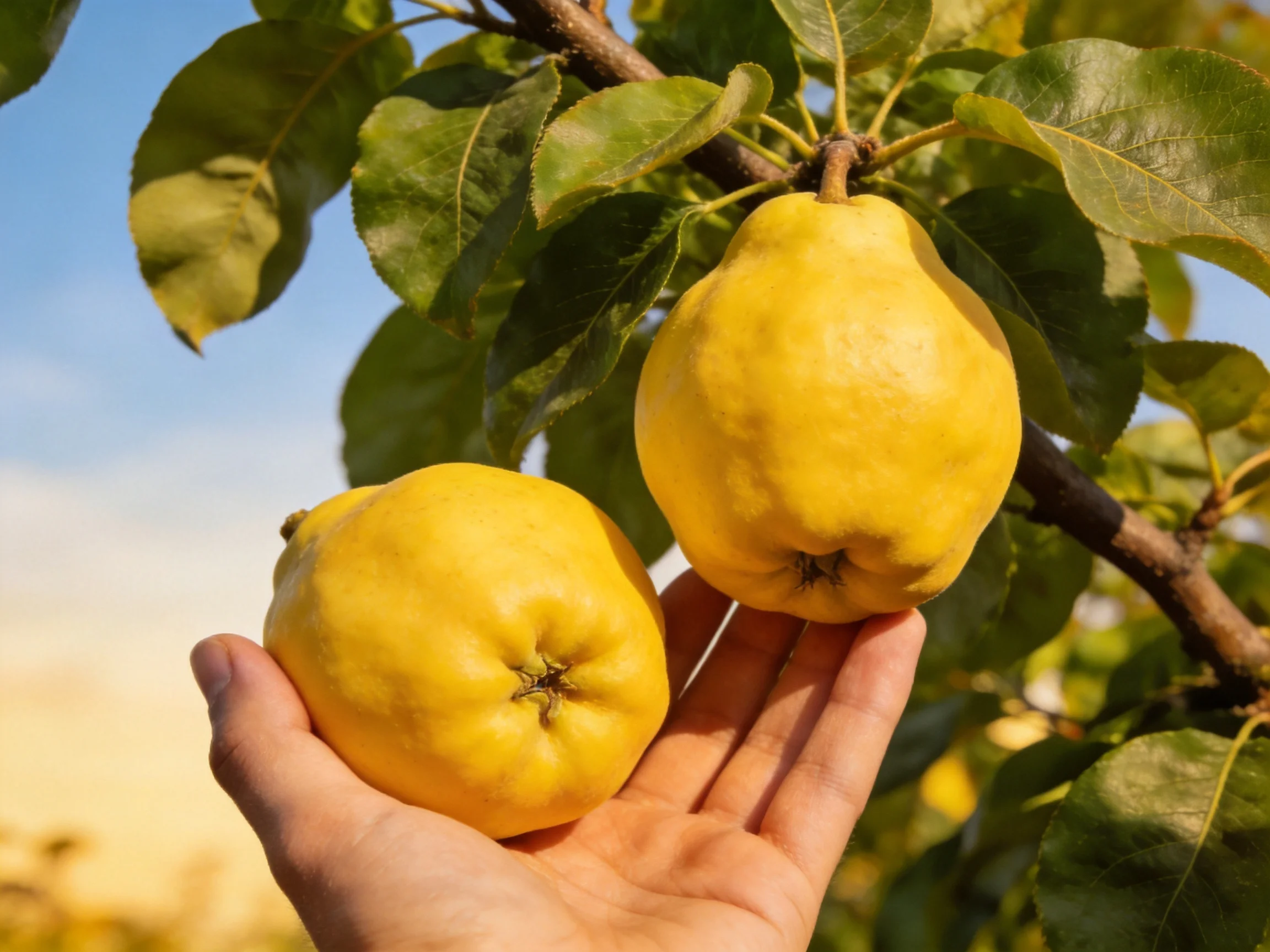 Two golden quinces on a tree branch, one held by a hand