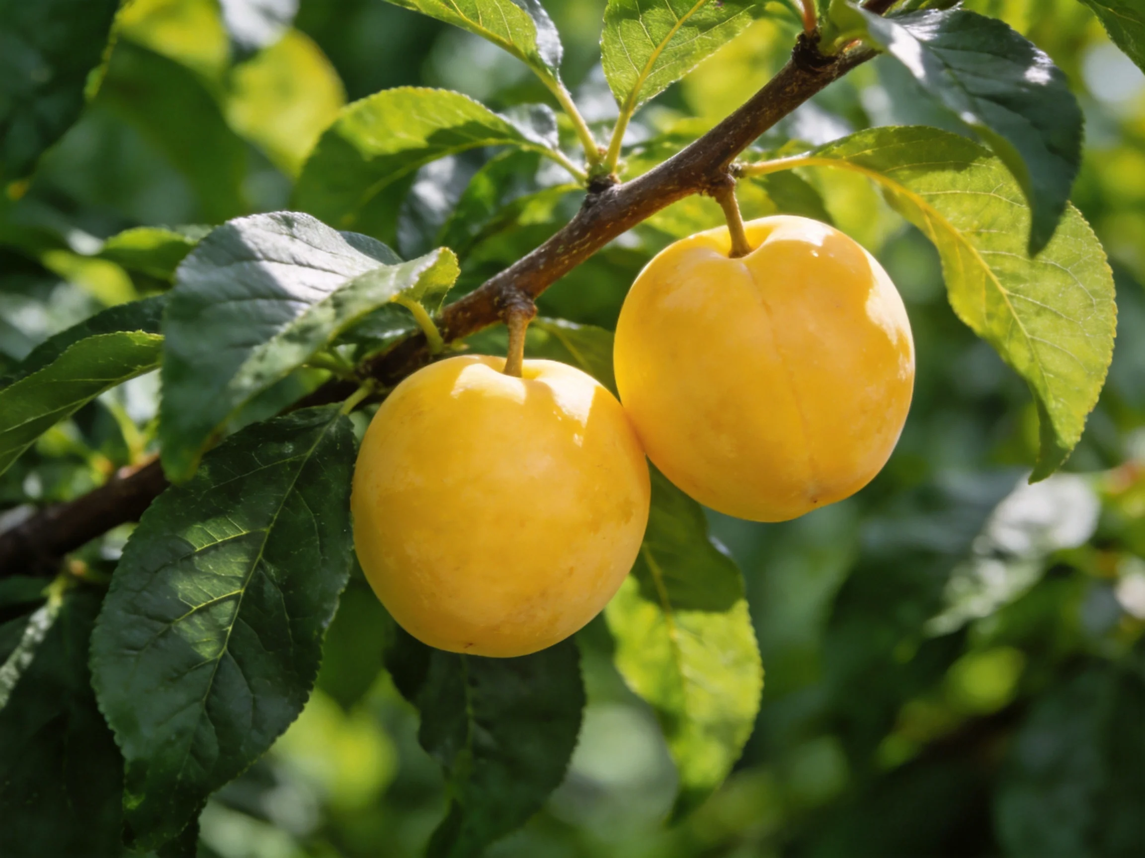 Two golden-yellow fruits hang from a tree branch amid lush green foliage.