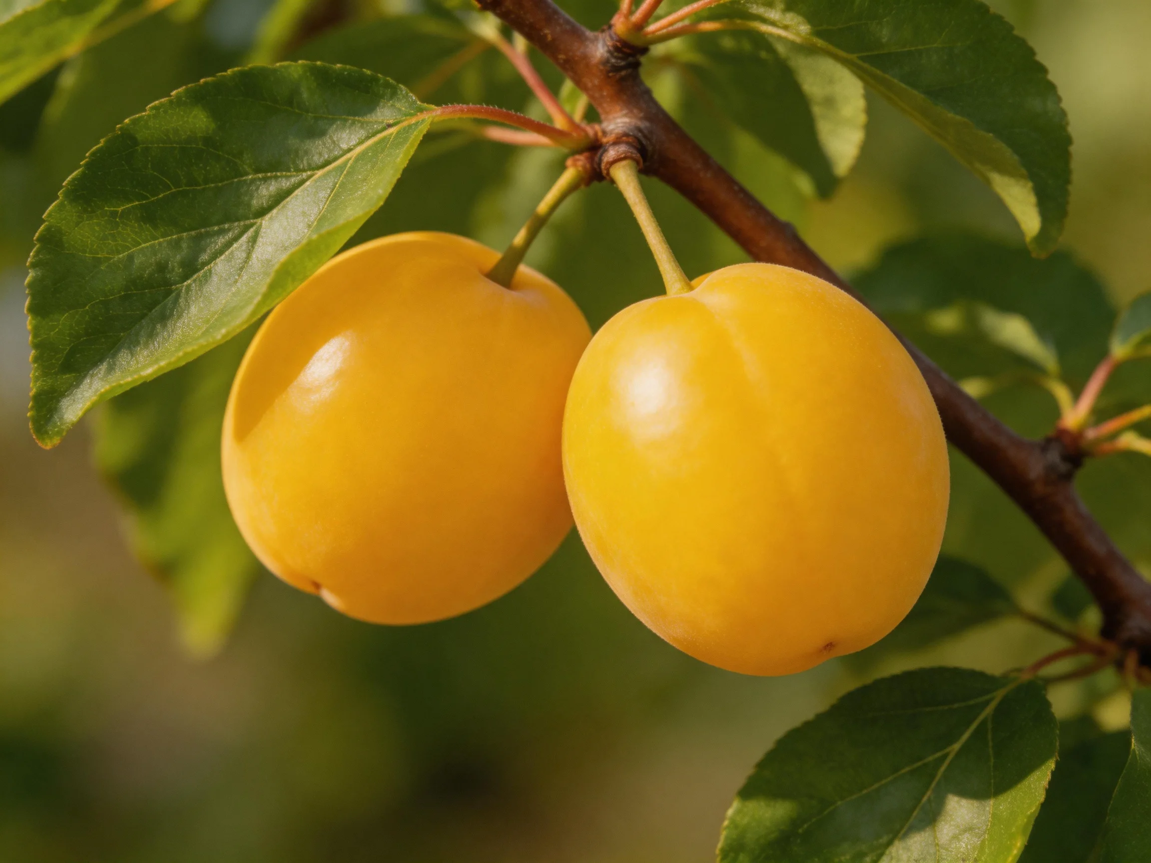 Two golden-yellow fruits hang from a tree branch with green leaves