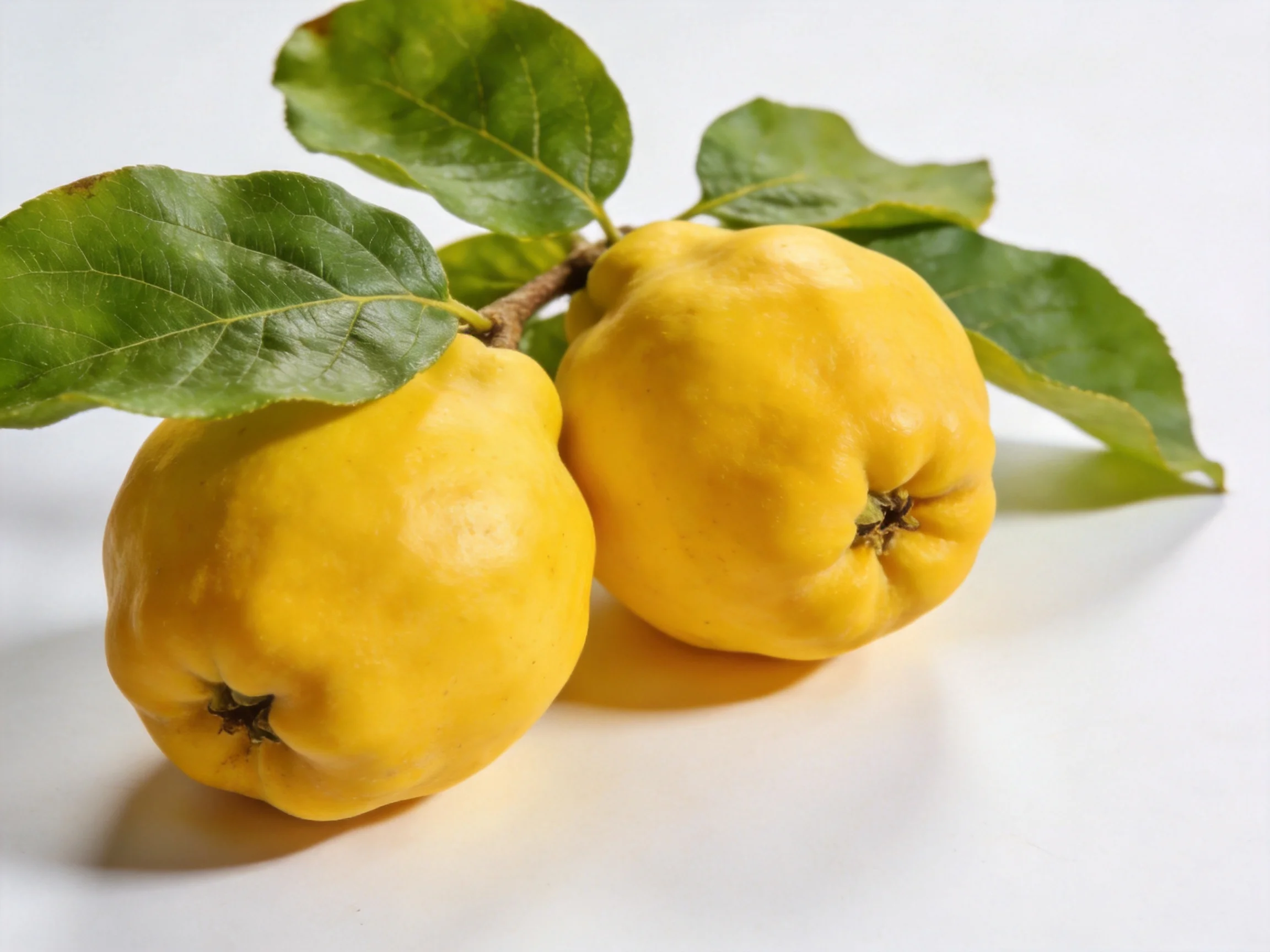 Two golden - yellow quinces with green leaves