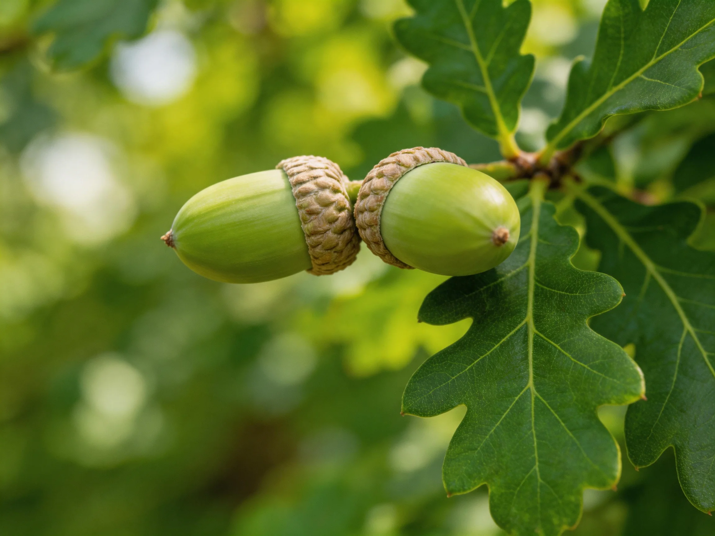 Two green acorns attached to an oak branch with large leaves