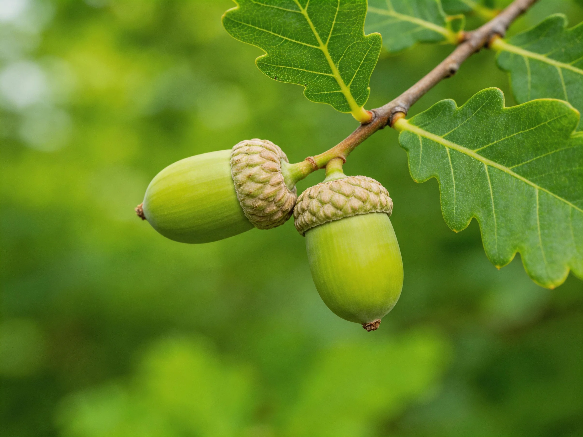 Two green acorns hang from an oak branch with serrated leaves