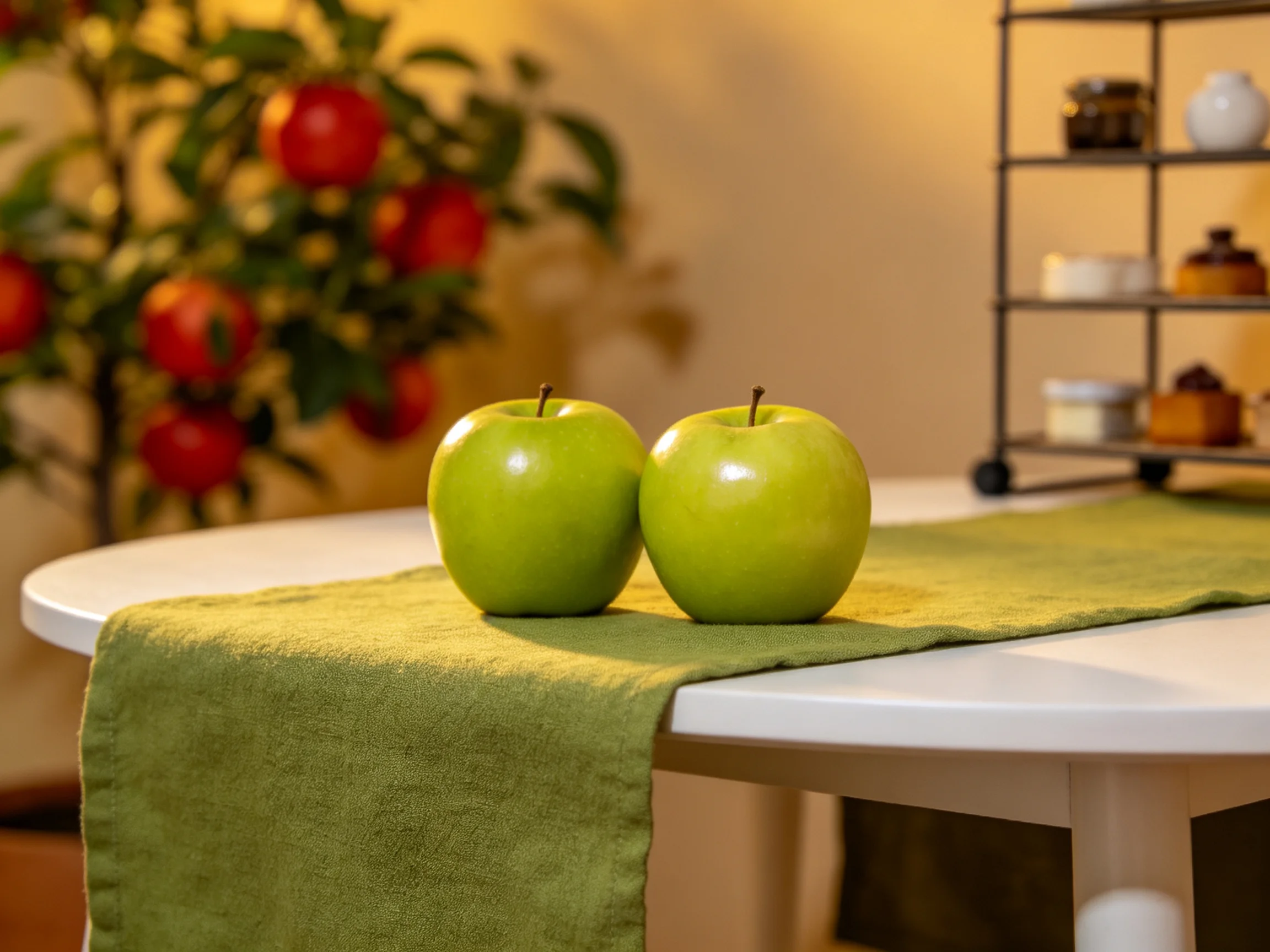 Two green apples rest on a white table with a green runner beside a fruit tree.