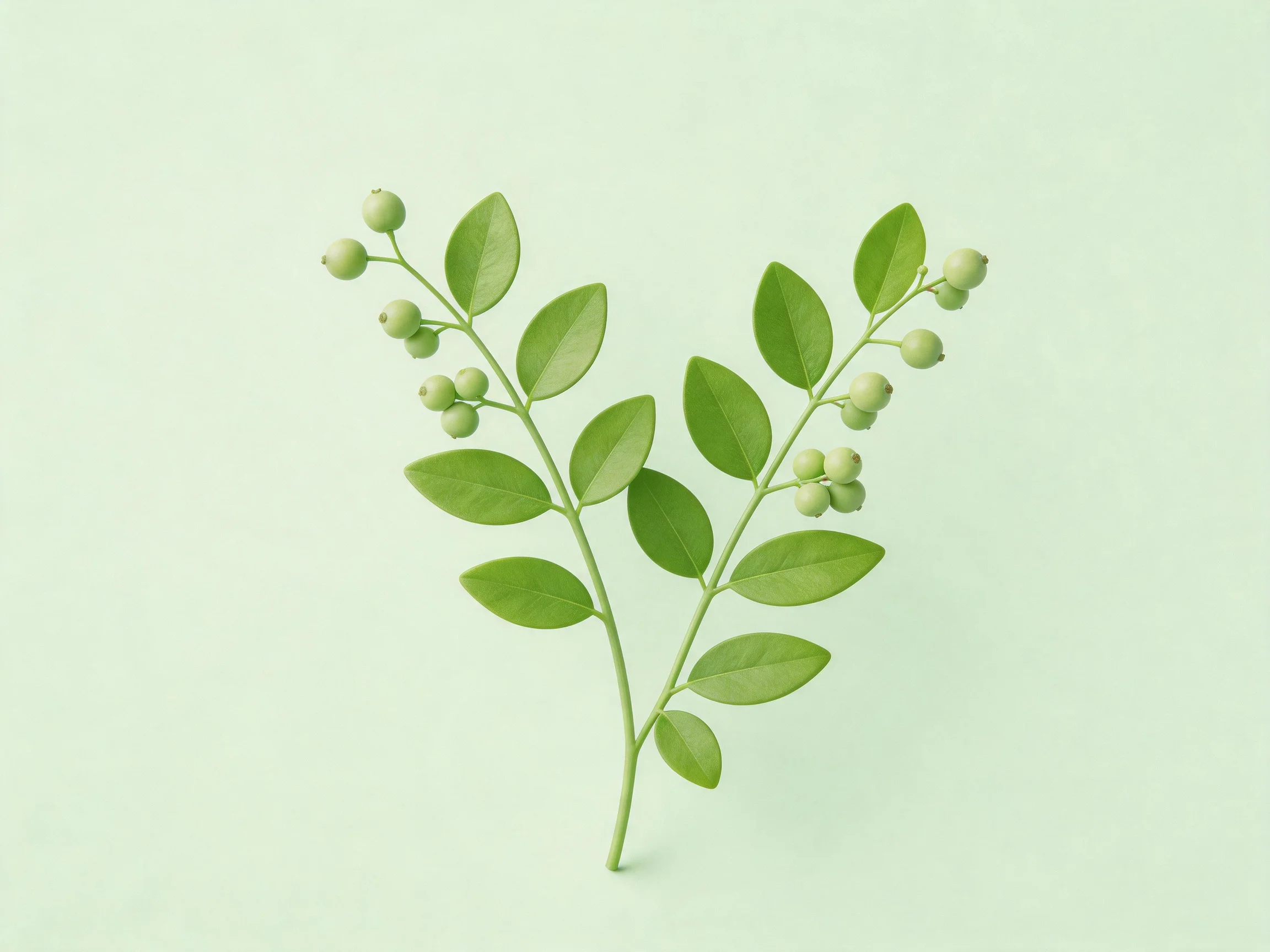 Two green branches with oval leaves and round berries on a pale background