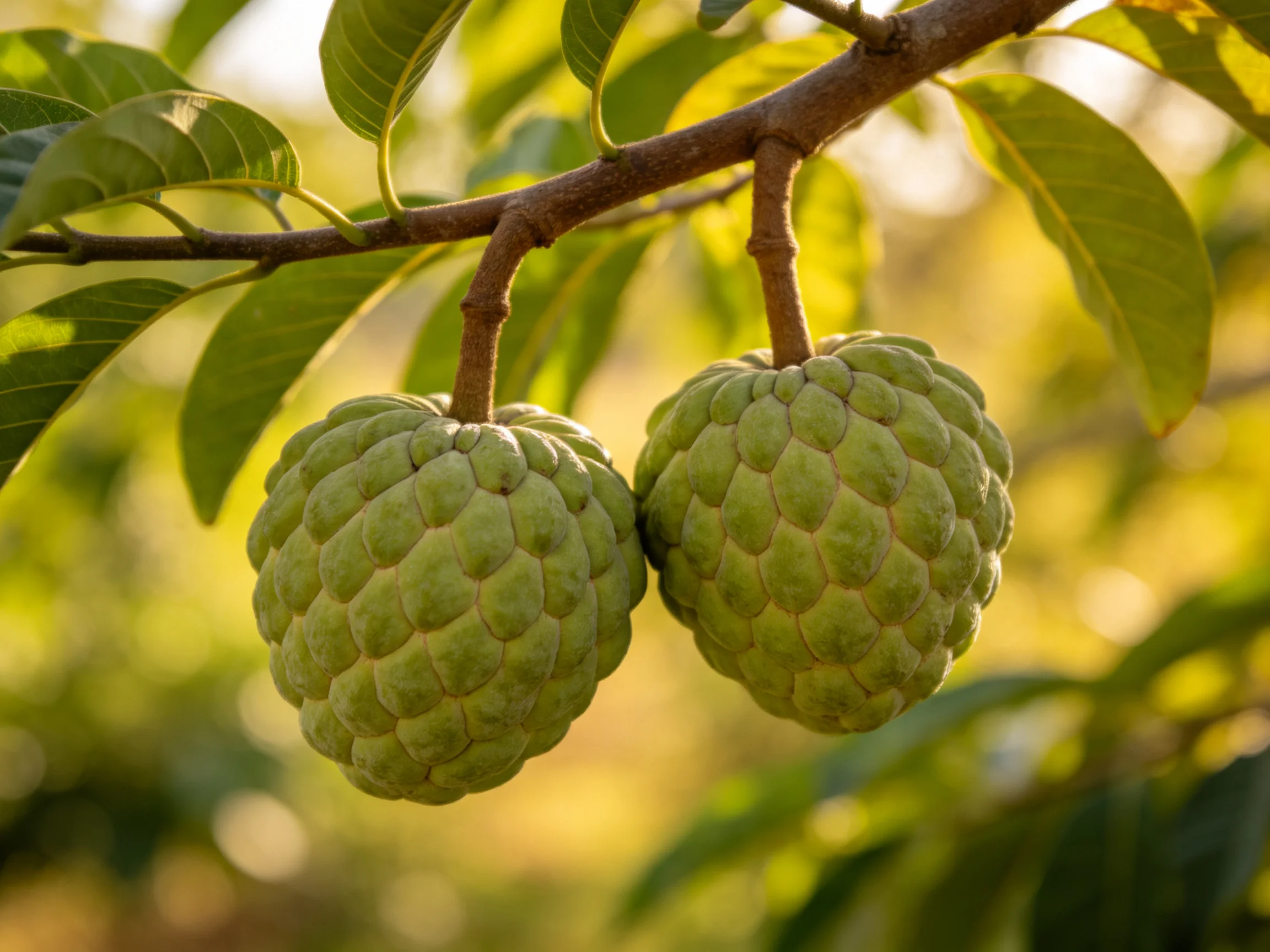 Two green custard apple fruits hang from a tree branch surrounded by leaves