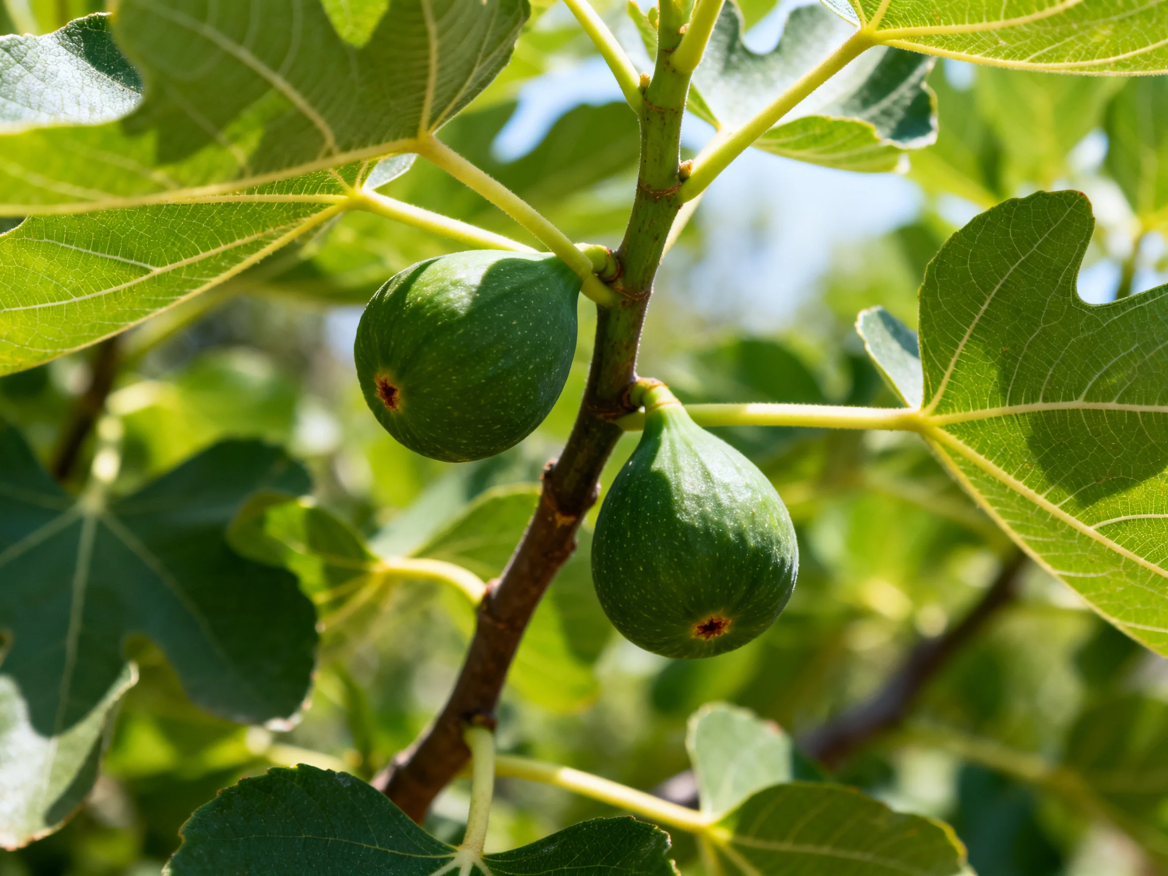 Two green figs grow on a branch amid large, veined leaves