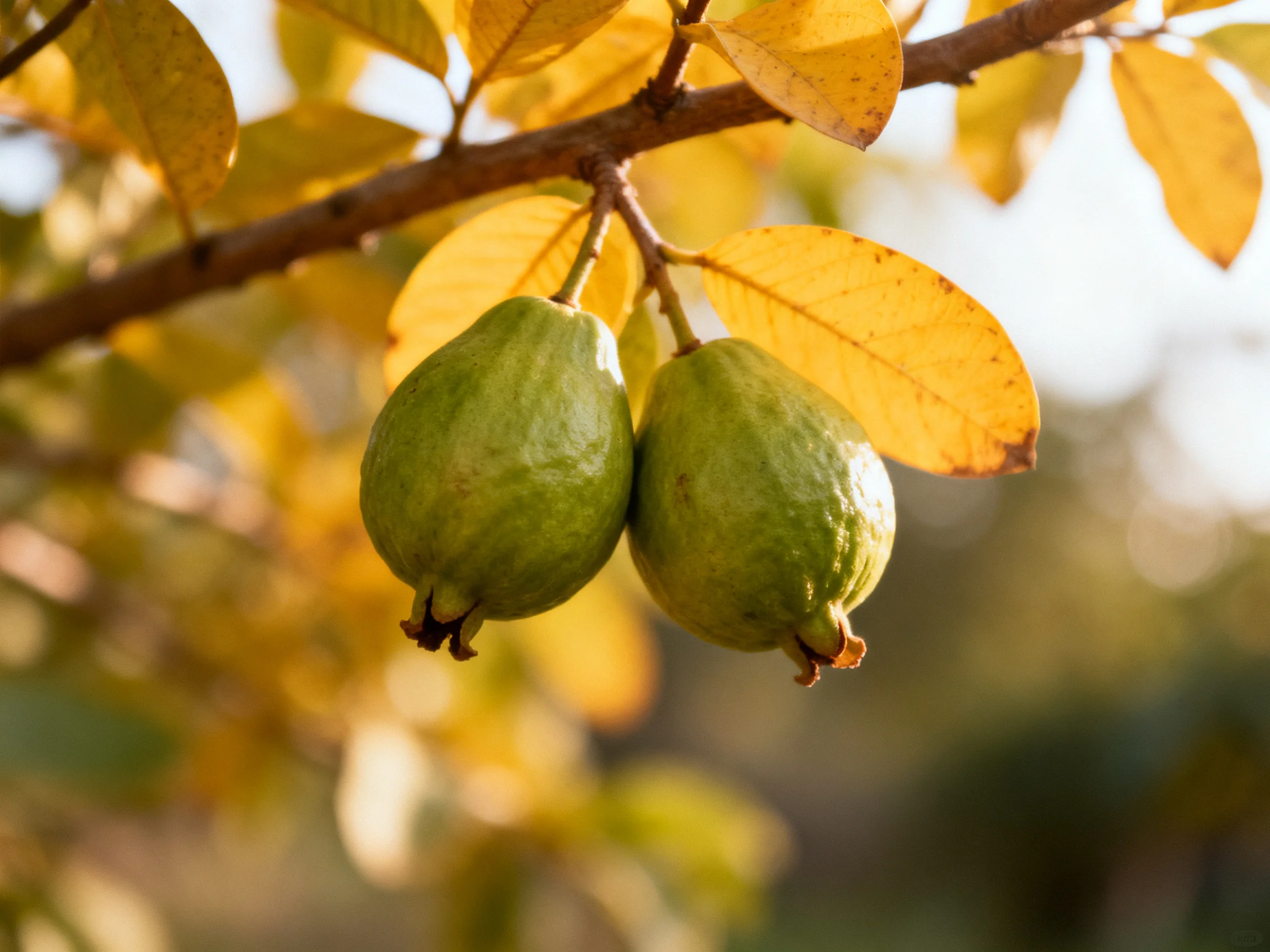 Two green guavas hang from a branch amid yellowing leaves