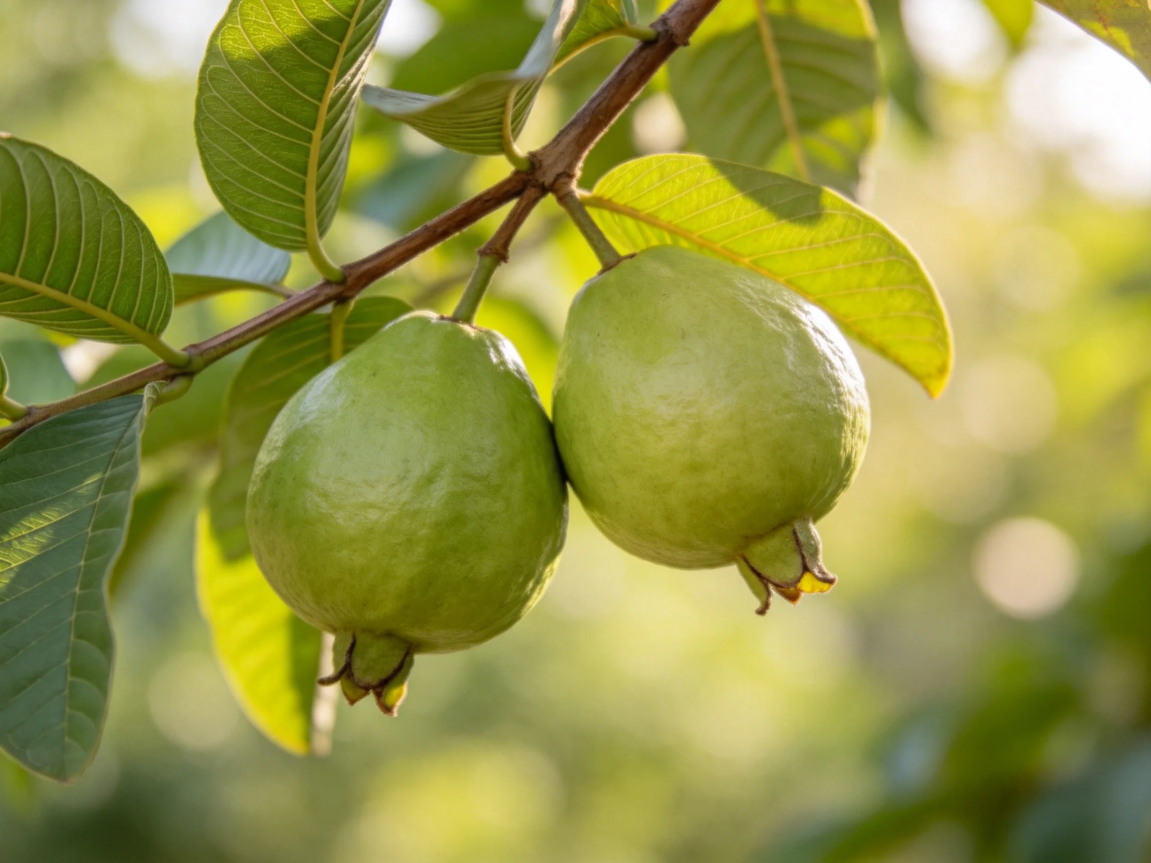 Two green guavas hang from a branch with lush foliage