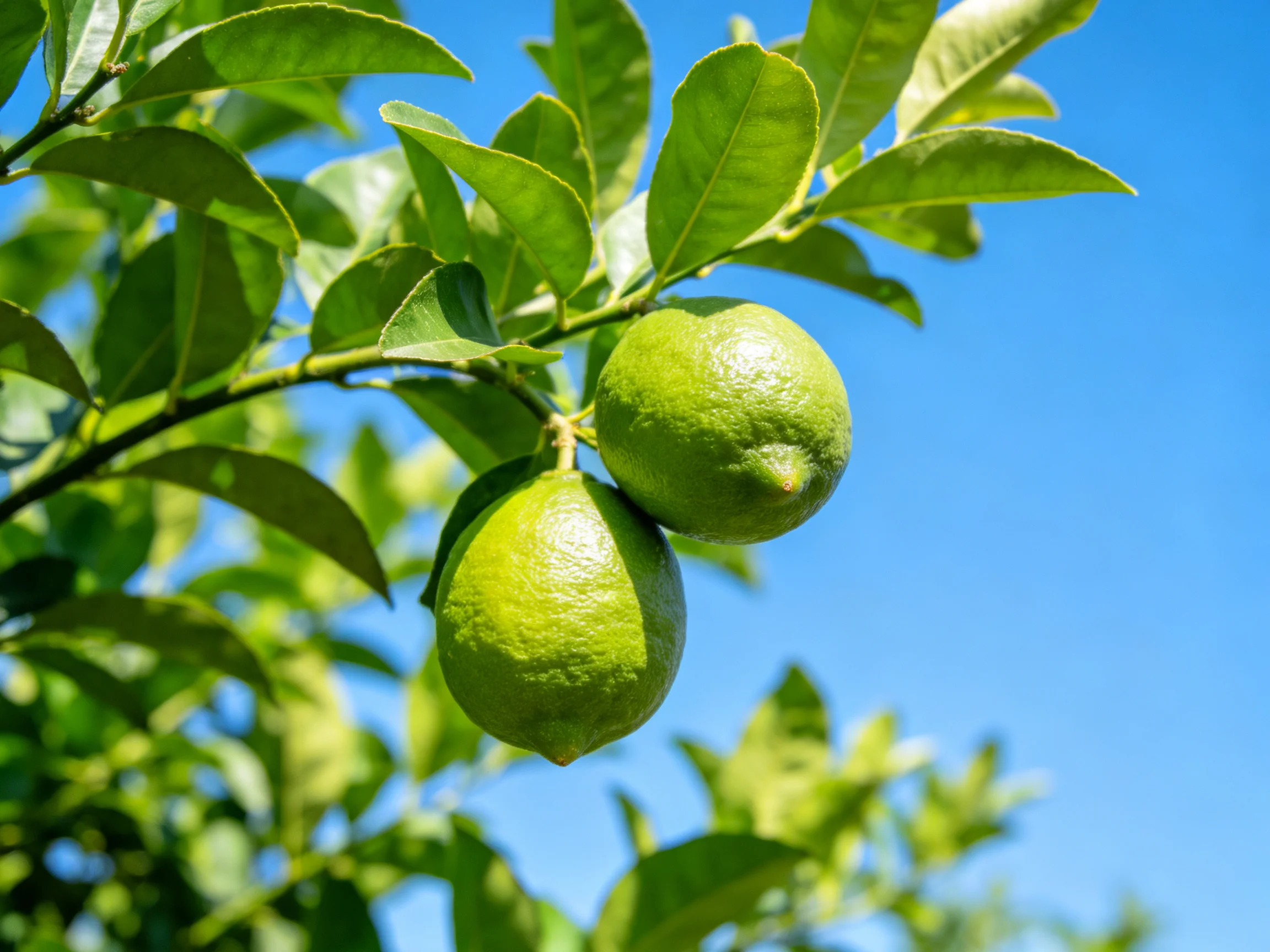 Two green limes hang from a leafy citrus tree under a clear blue sky