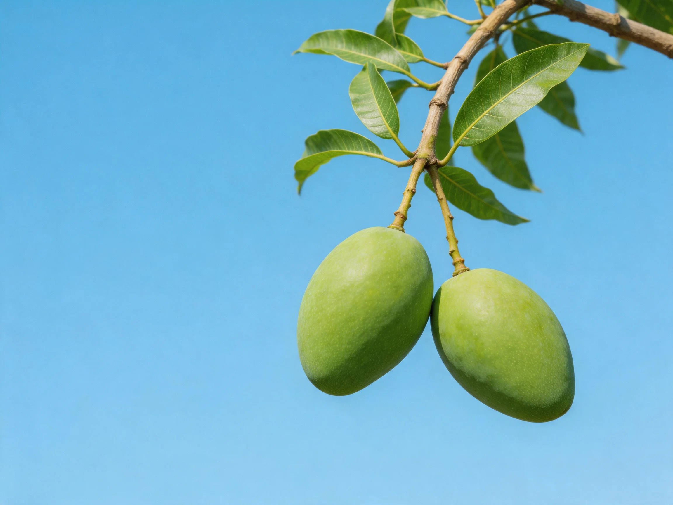 Two green mango fruits hang from a leaf-covered branch