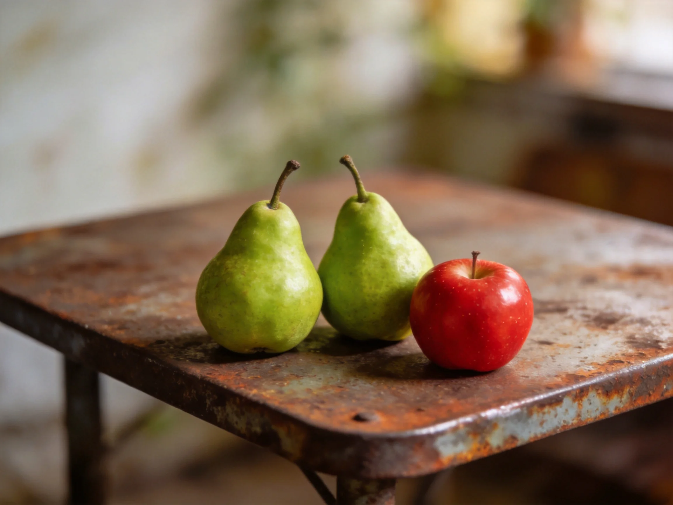 Two green pears and a red apple sit atop an aged rust-covered table