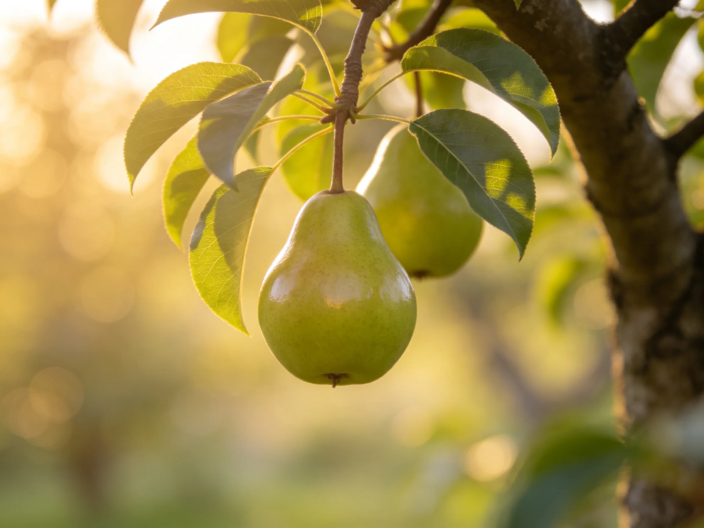 Two green pears hang from a tree branch in golden sunlight