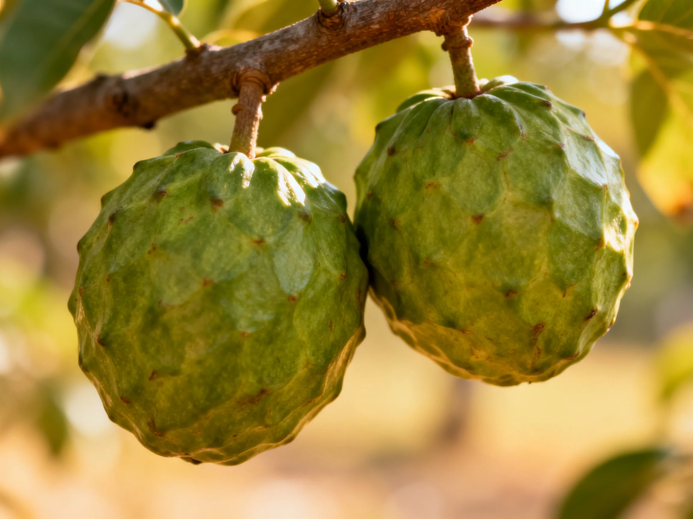 Two green, scaly fruits hang from a tree branch