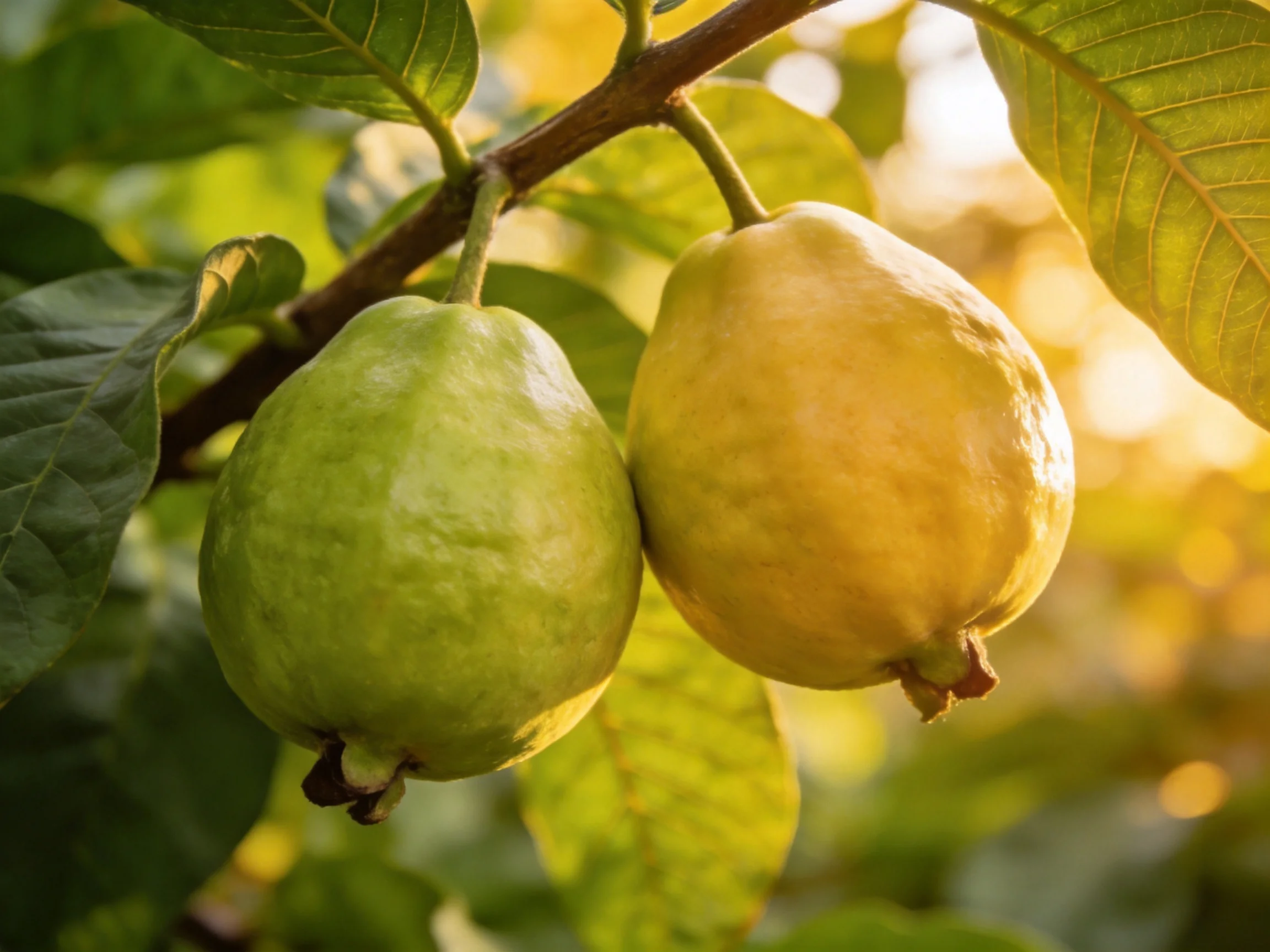Two guavas, one green and one yellow, hang from a leafy branch