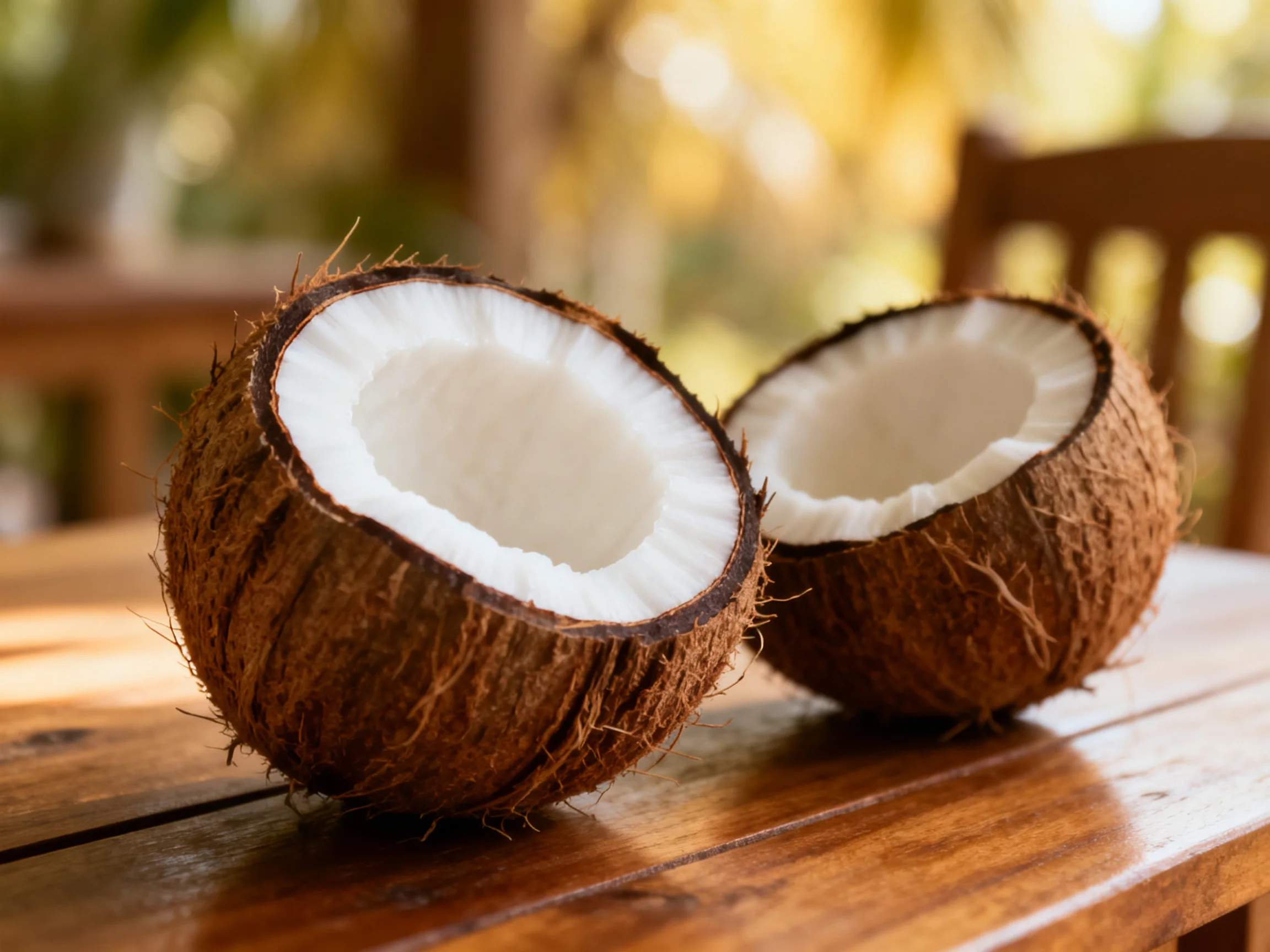 Two halved brown coconuts rest on a polished wooden table outdoors