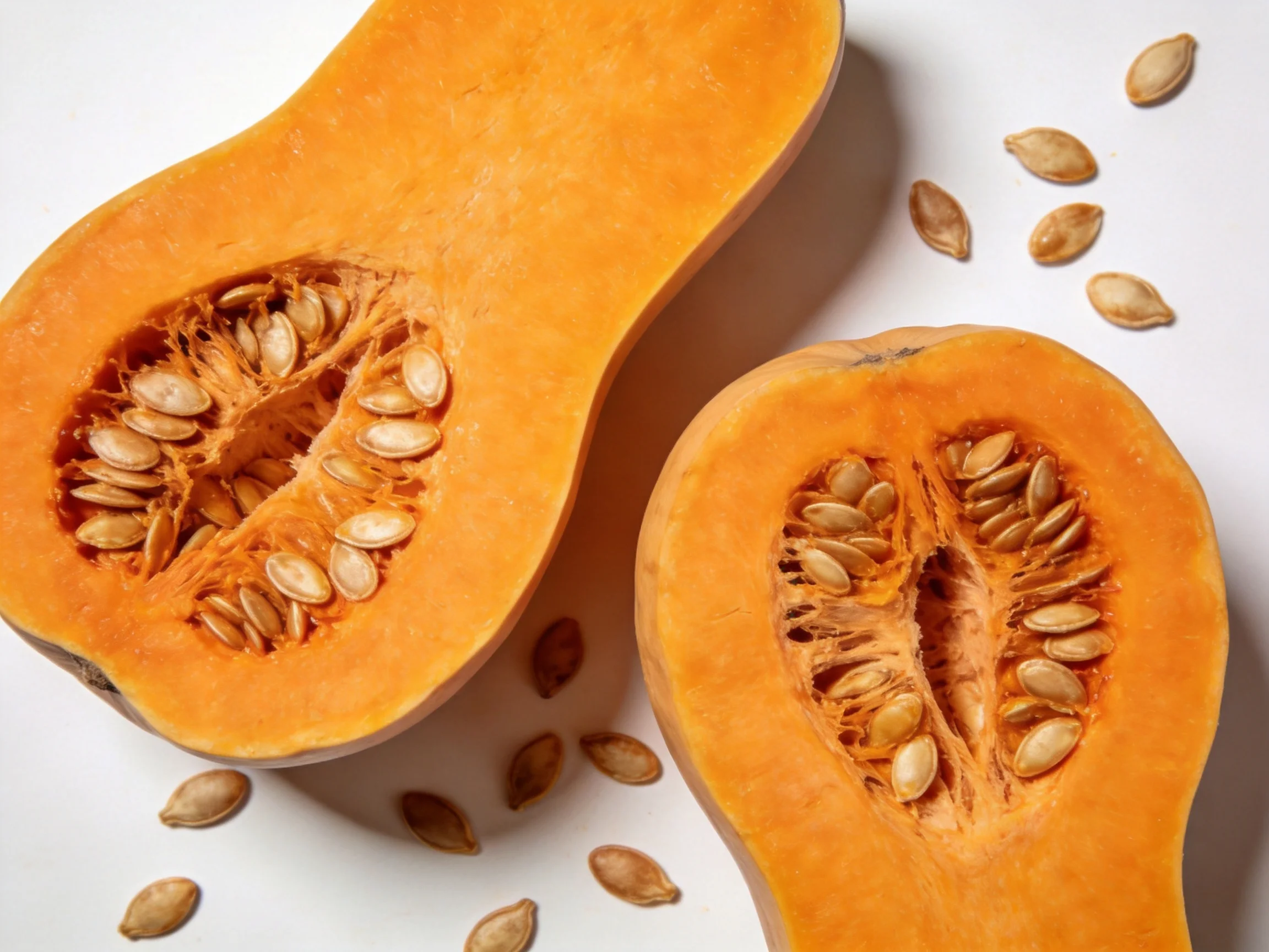 Two halved butternut squashes with scattered seeds on a white surface