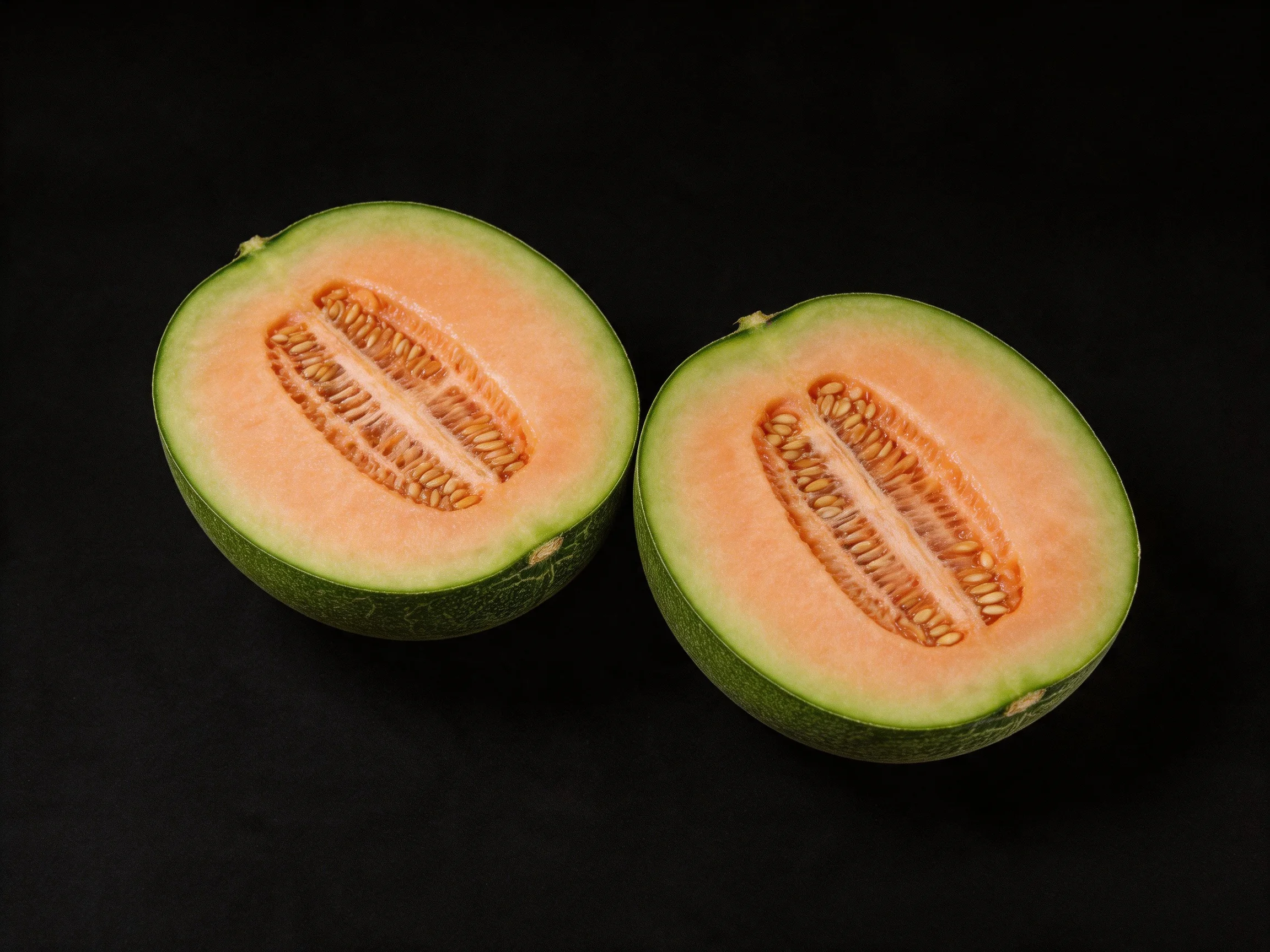 Two halved cantaloupes show orange flesh and green outer skins on a black background