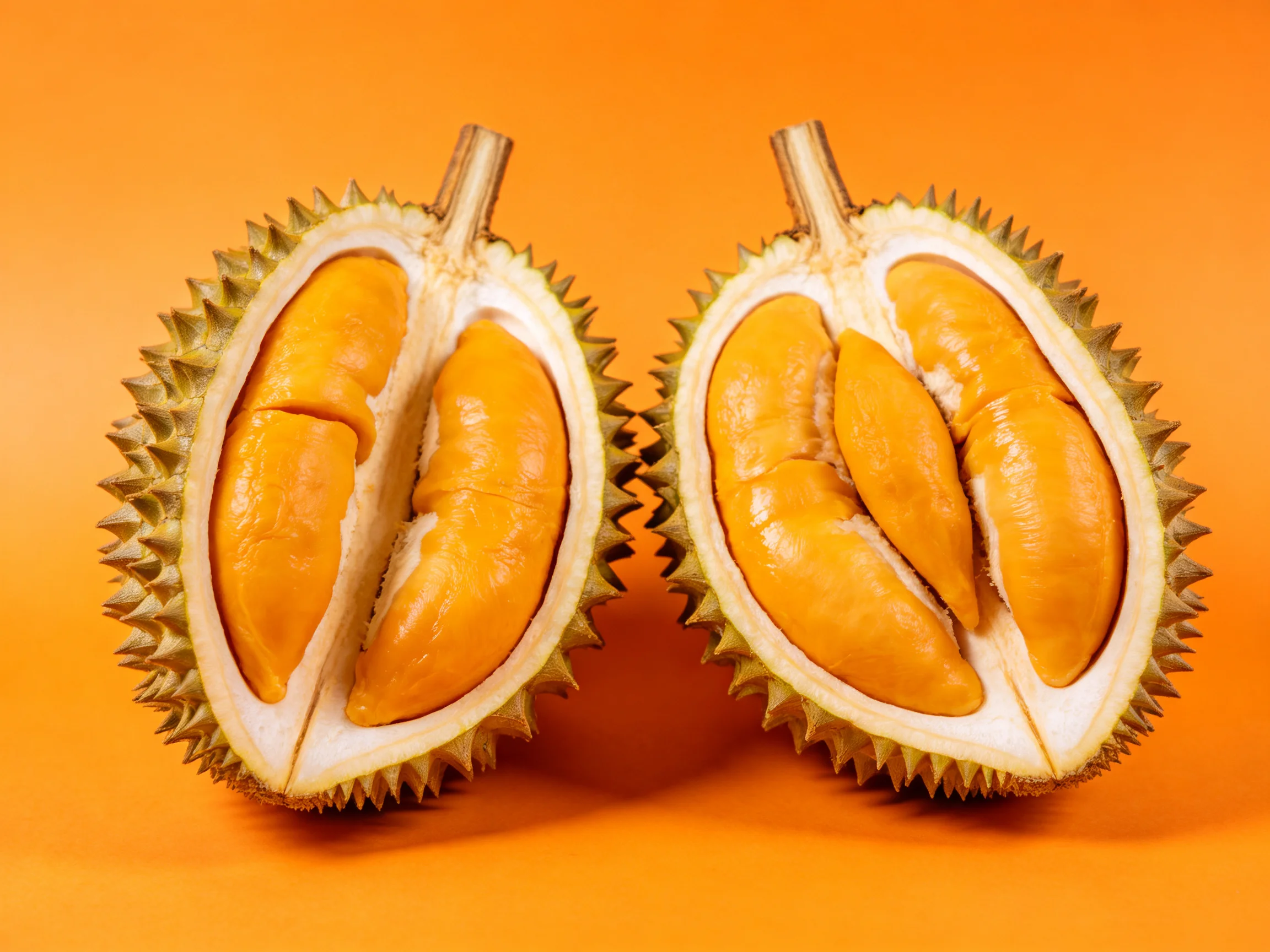 Two halved durians showcase glossy orange flesh on an orange backdrop