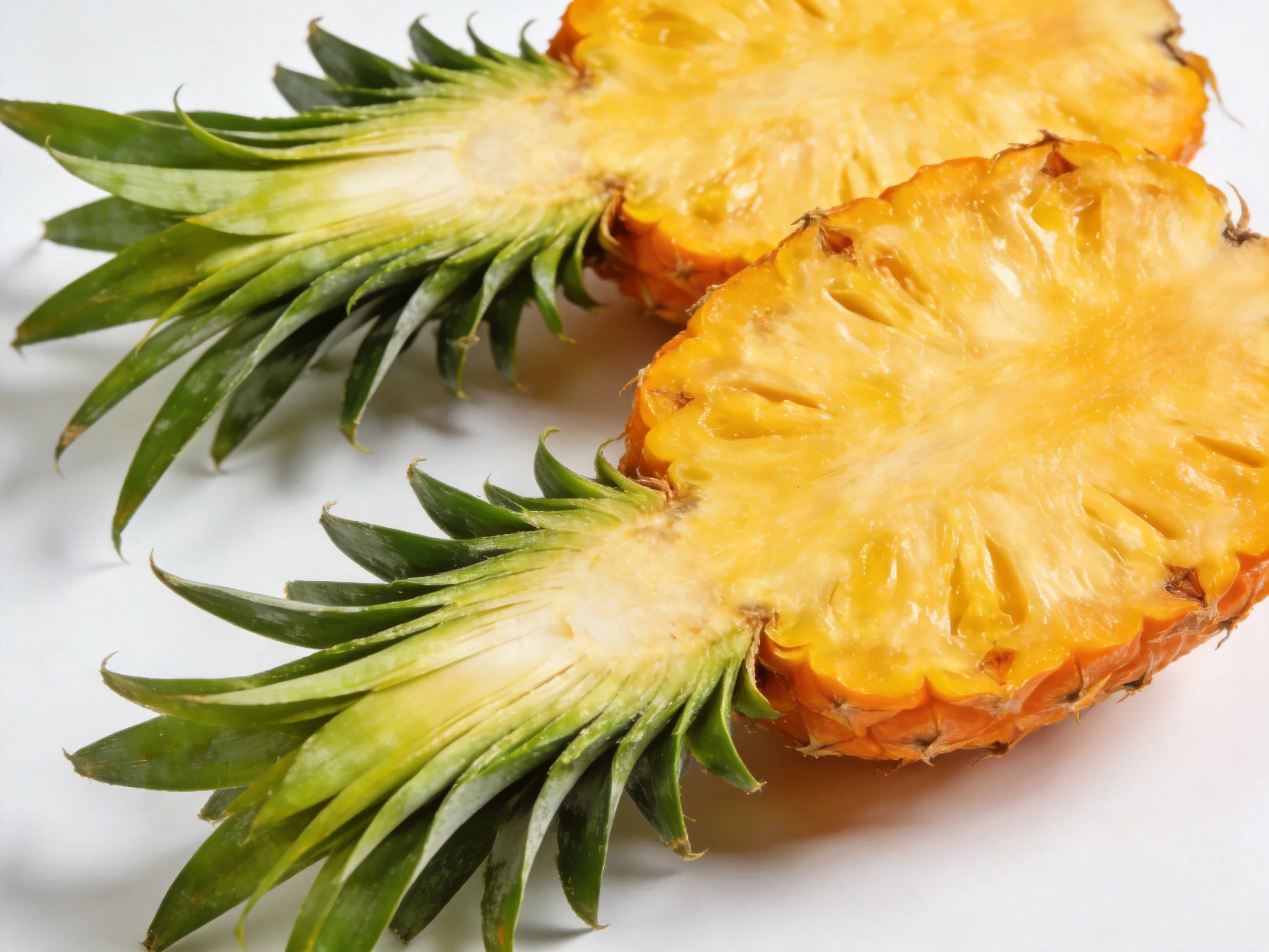 Two halved pineapples reveal golden flesh and green spiky crowns