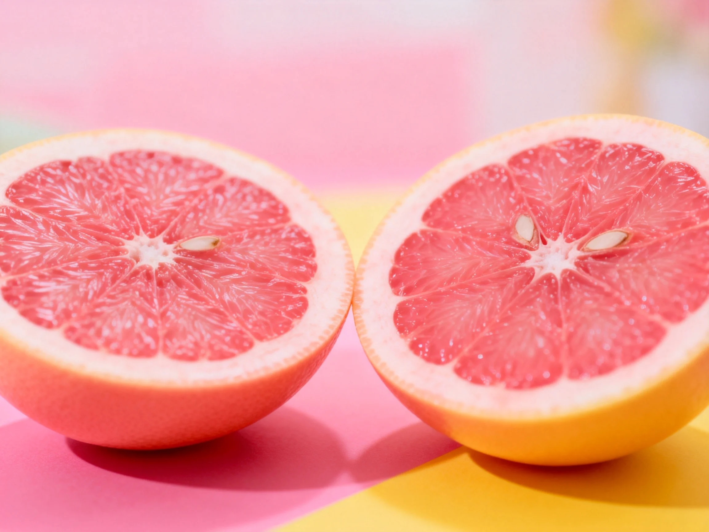 Two halved pink grapefruits sit on contrasting pink and yellow surfaces