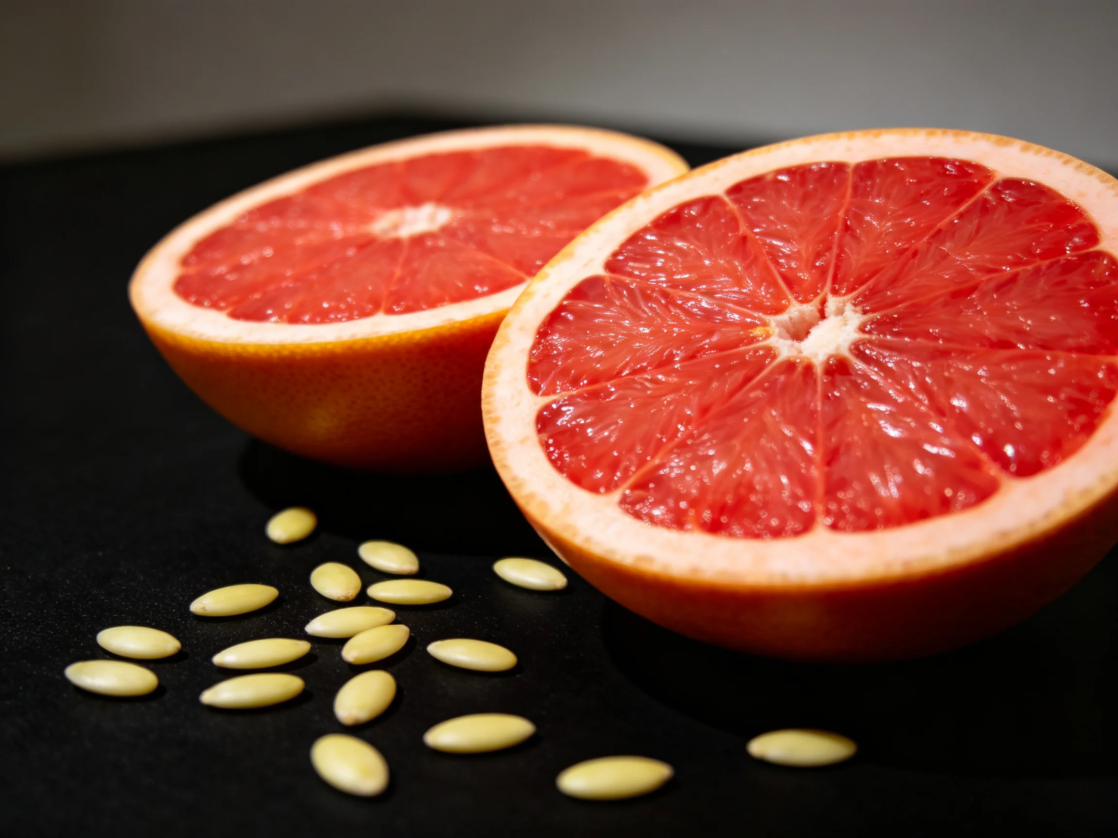Two halved pink grapefruits with scattered pale seeds