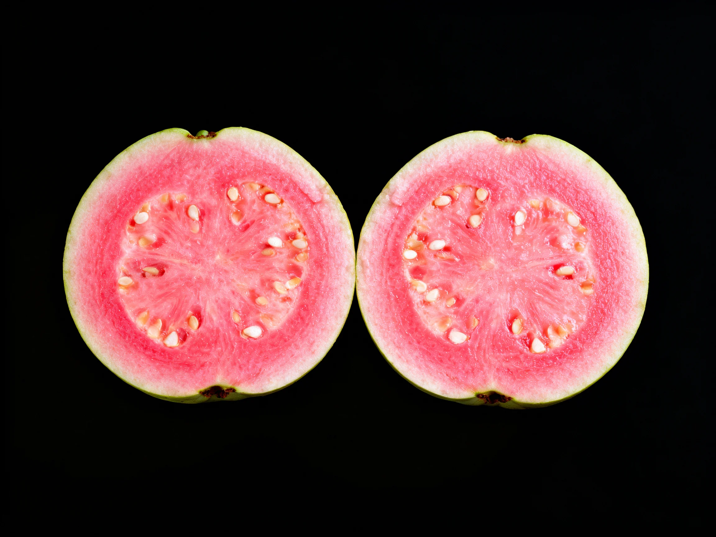 Two halved pink guavas with green edges on black