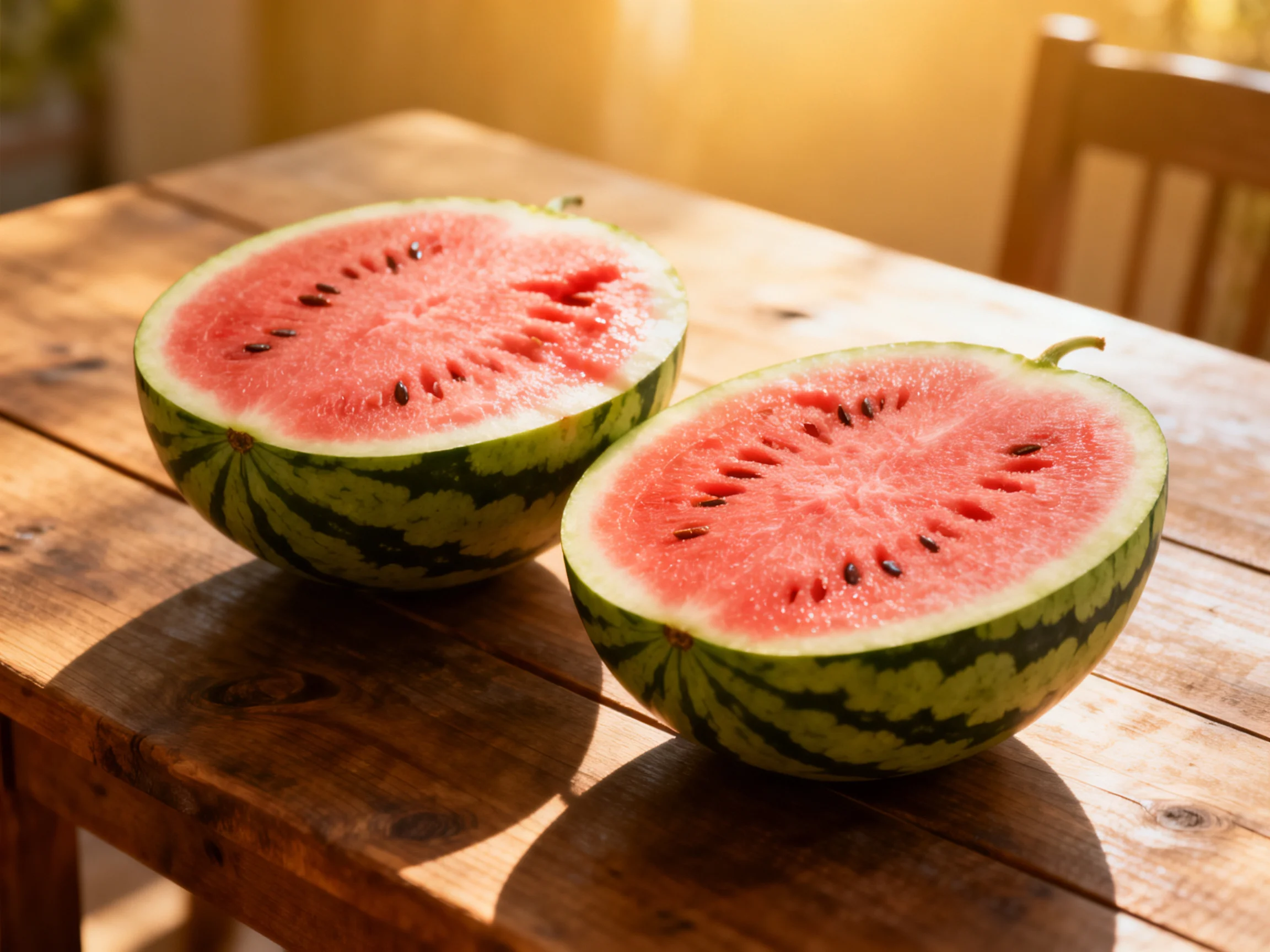 Two halved watermelons rest on a rustic wooden table in warm sunlight