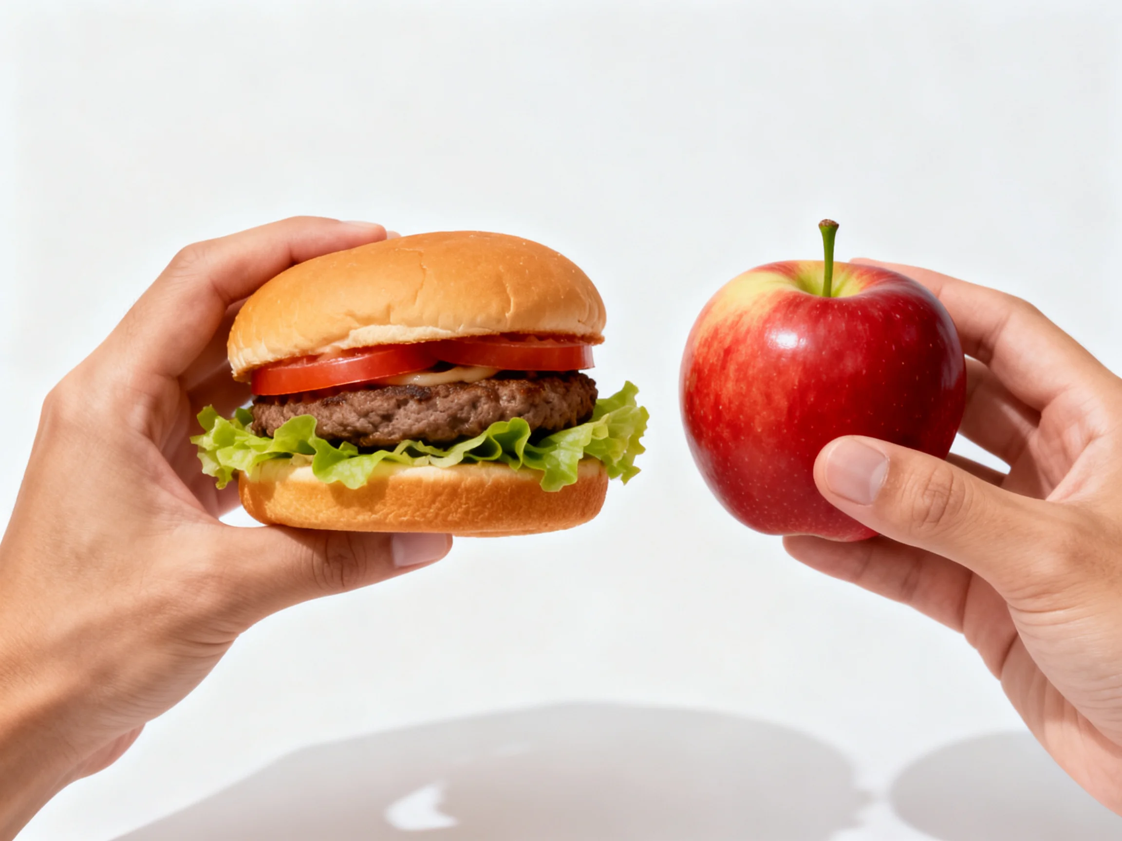 Two hands hold a hamburger and a red apple side by side