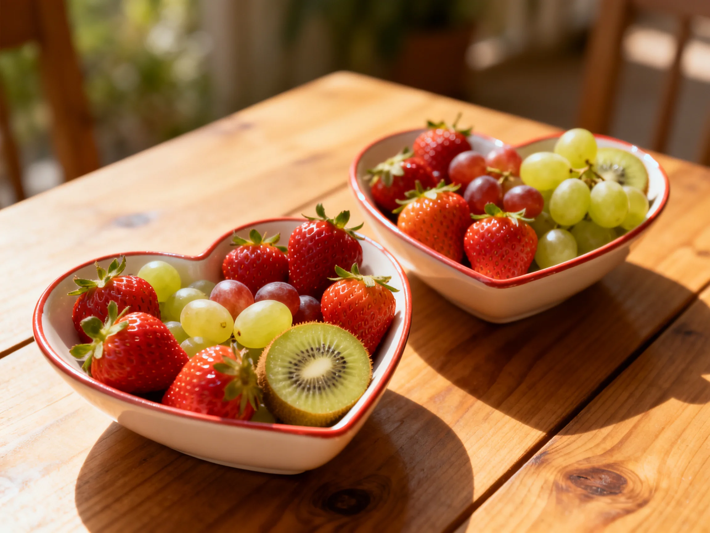 Two heart - shaped bowls hold strawberries, grapes, and kiwi on a wooden table