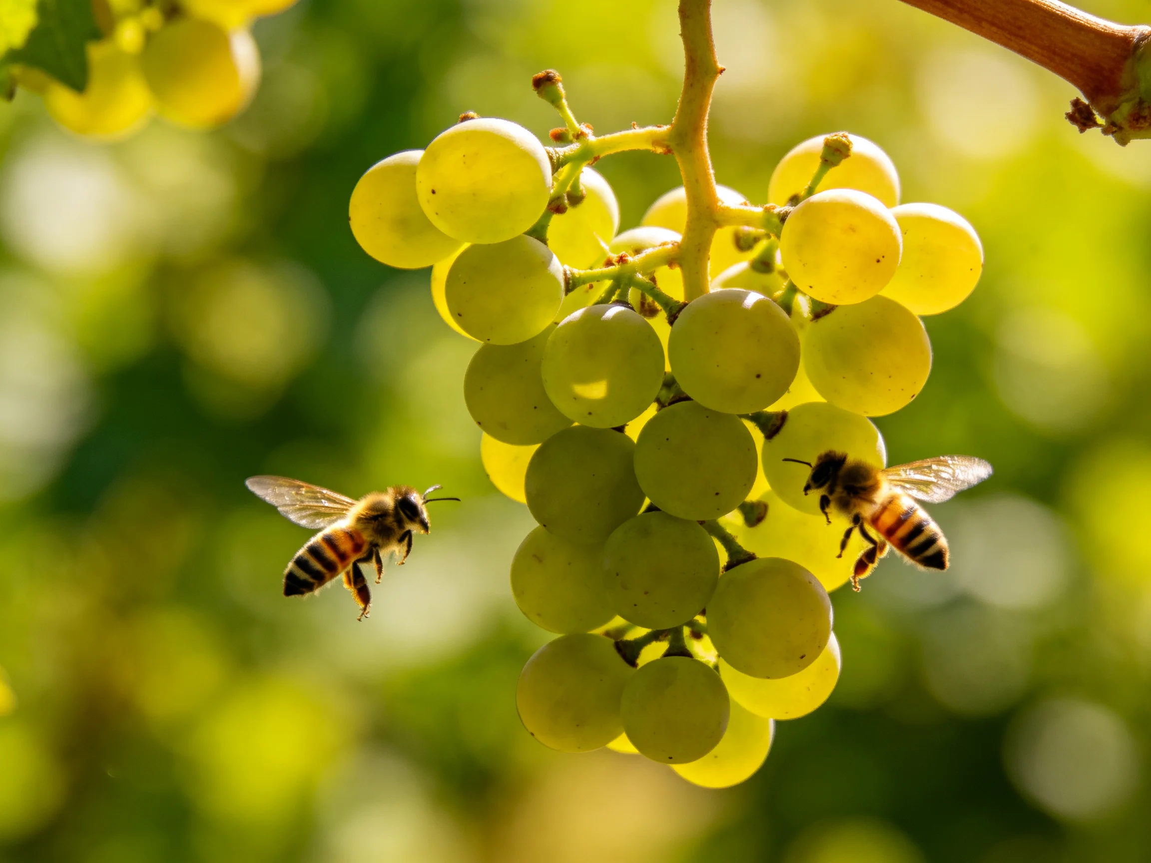 Two honeybees hover near a cluster of yellow-green grapes in bright sunlight