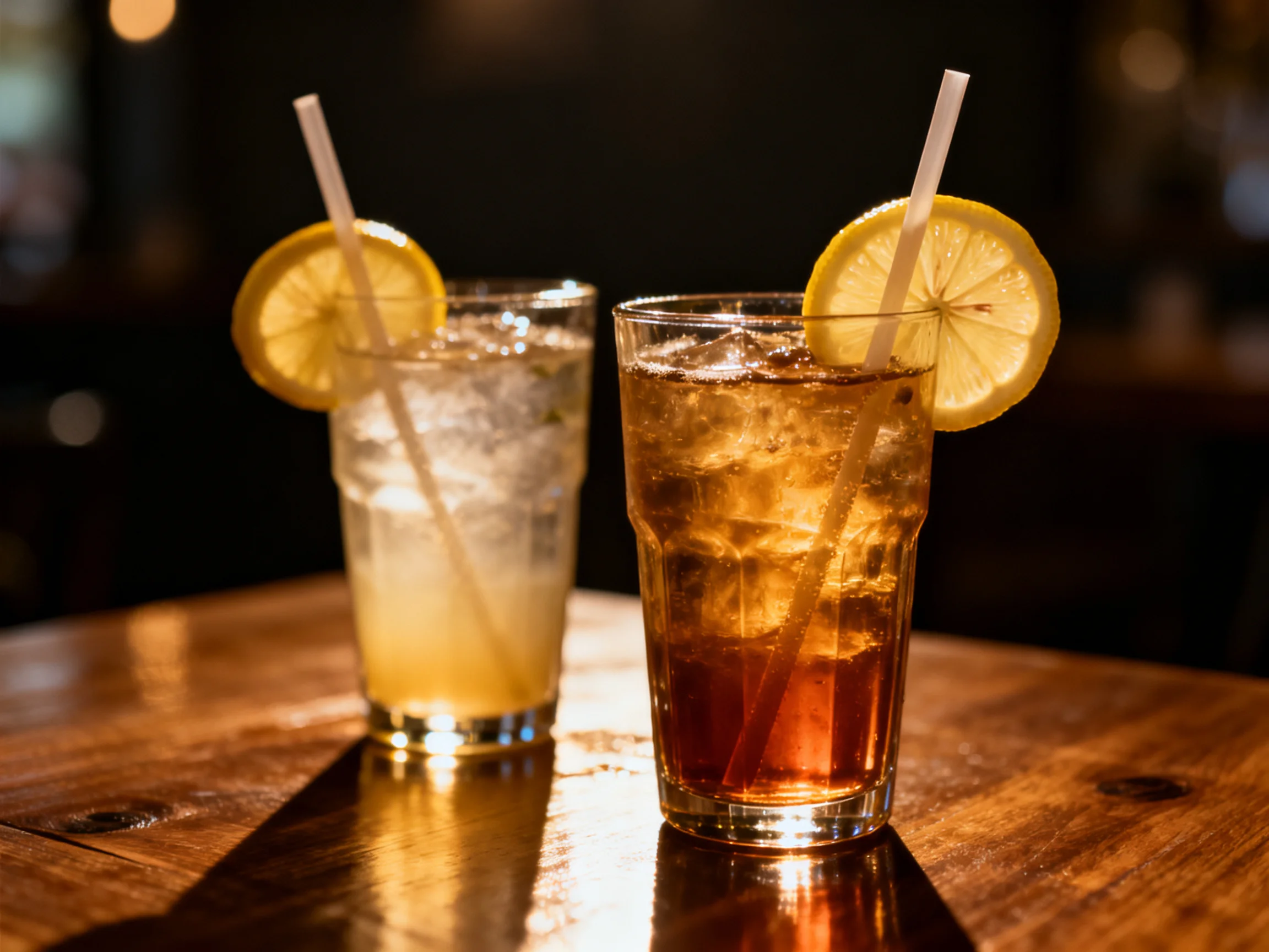 Two iced drinks with lemon garnishes on a wooden table