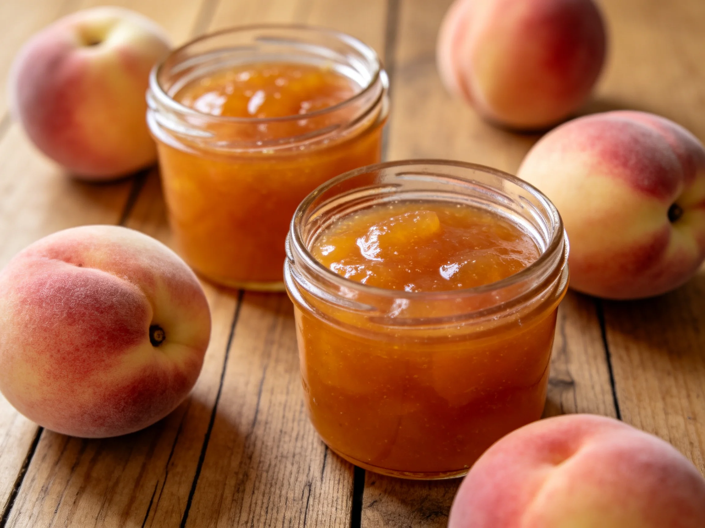 Two jars of amber peach jam surrounded by fresh peaches on rustic wood