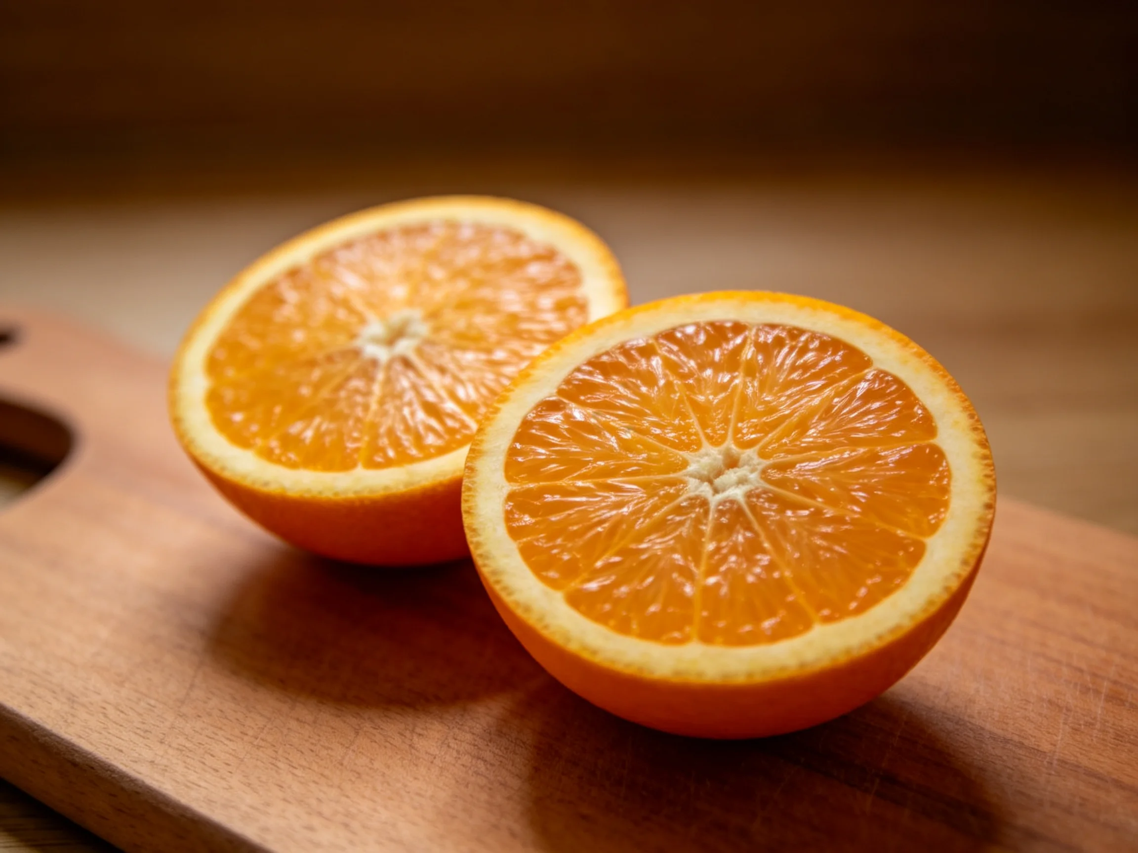 Two juicy orange citrus halves displayed on a wooden surface