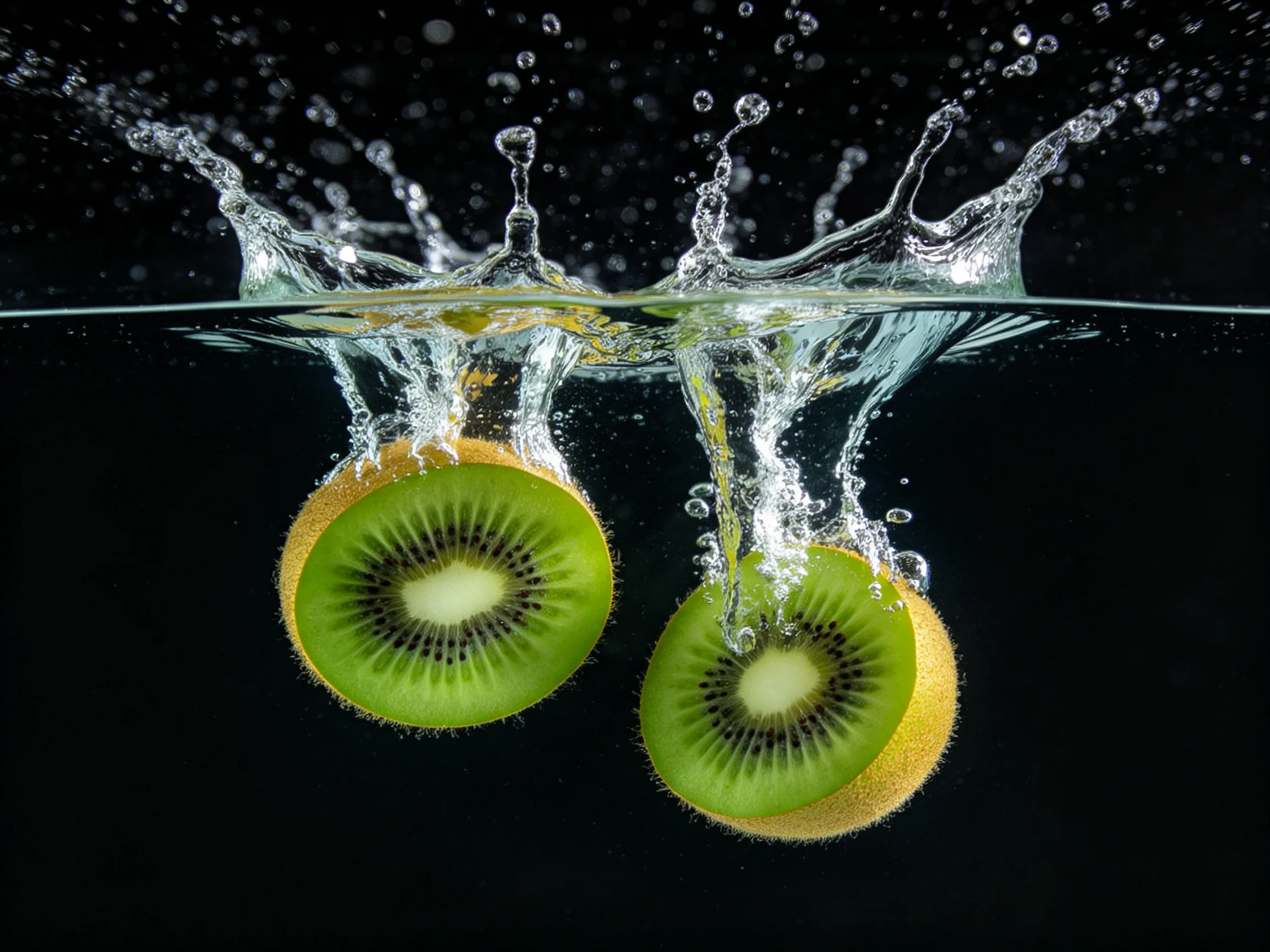 Two kiwi slices splash into water with energetic droplets