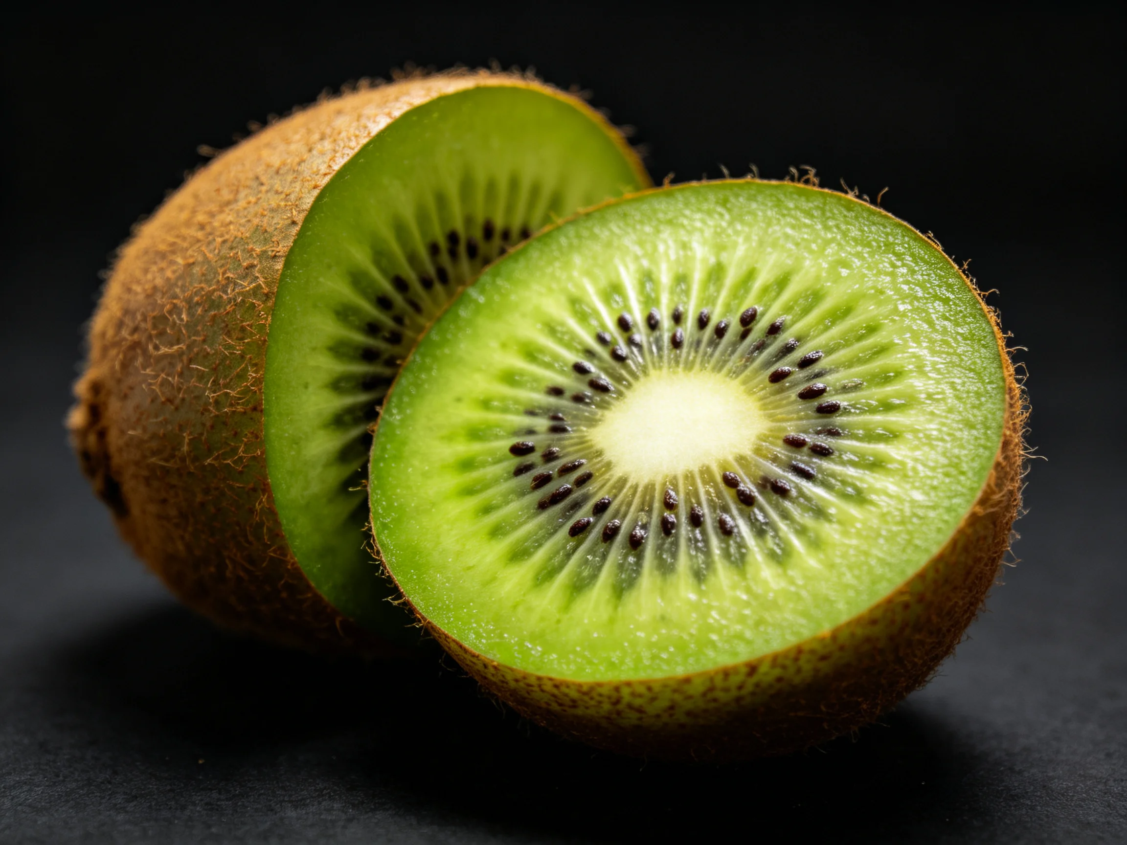 Two kiwis, one whole and one sliced, display vibrant green flesh and brown exteriors.