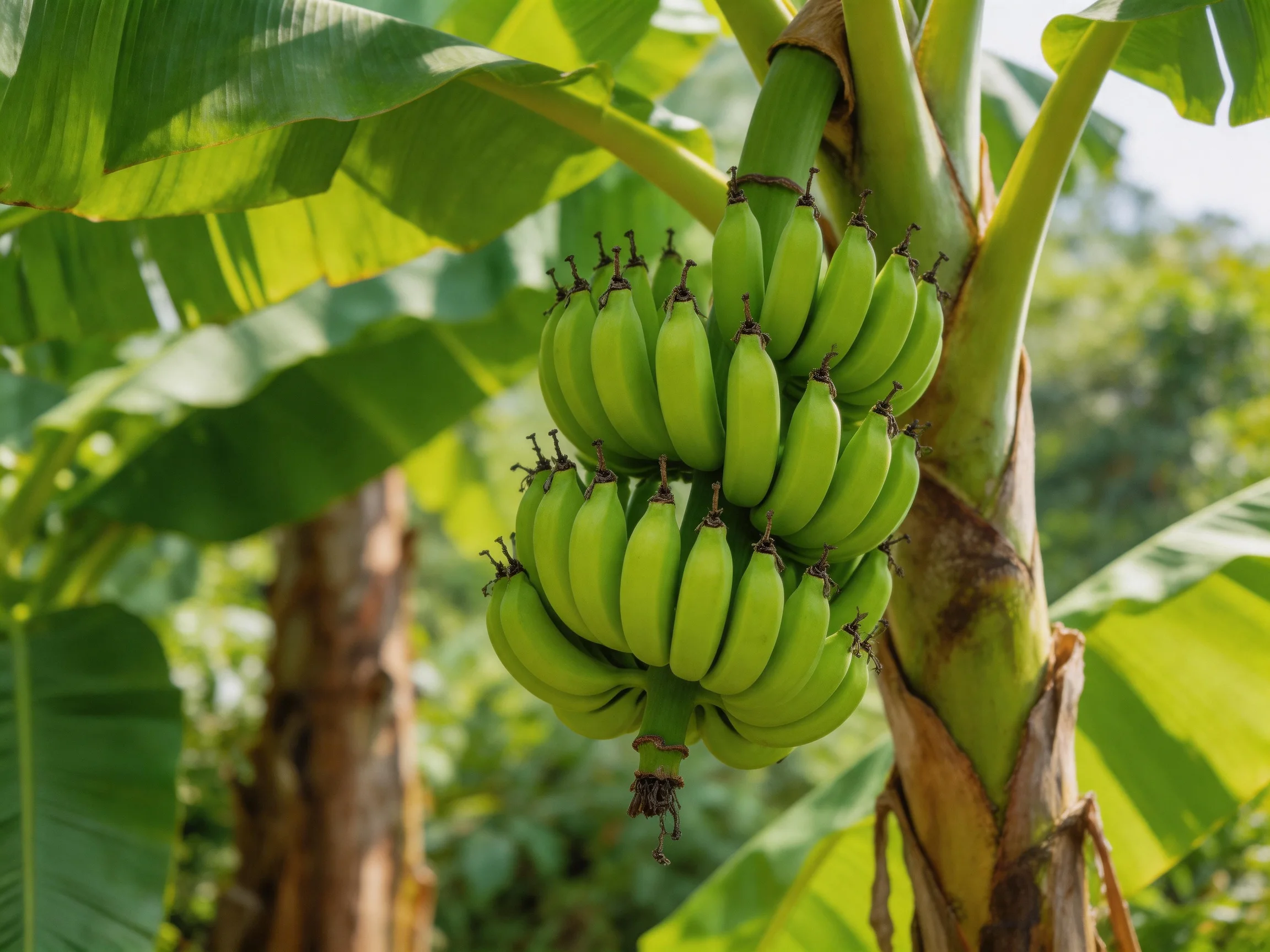 Two large bunches of unripe green bananas hang from a banana tree