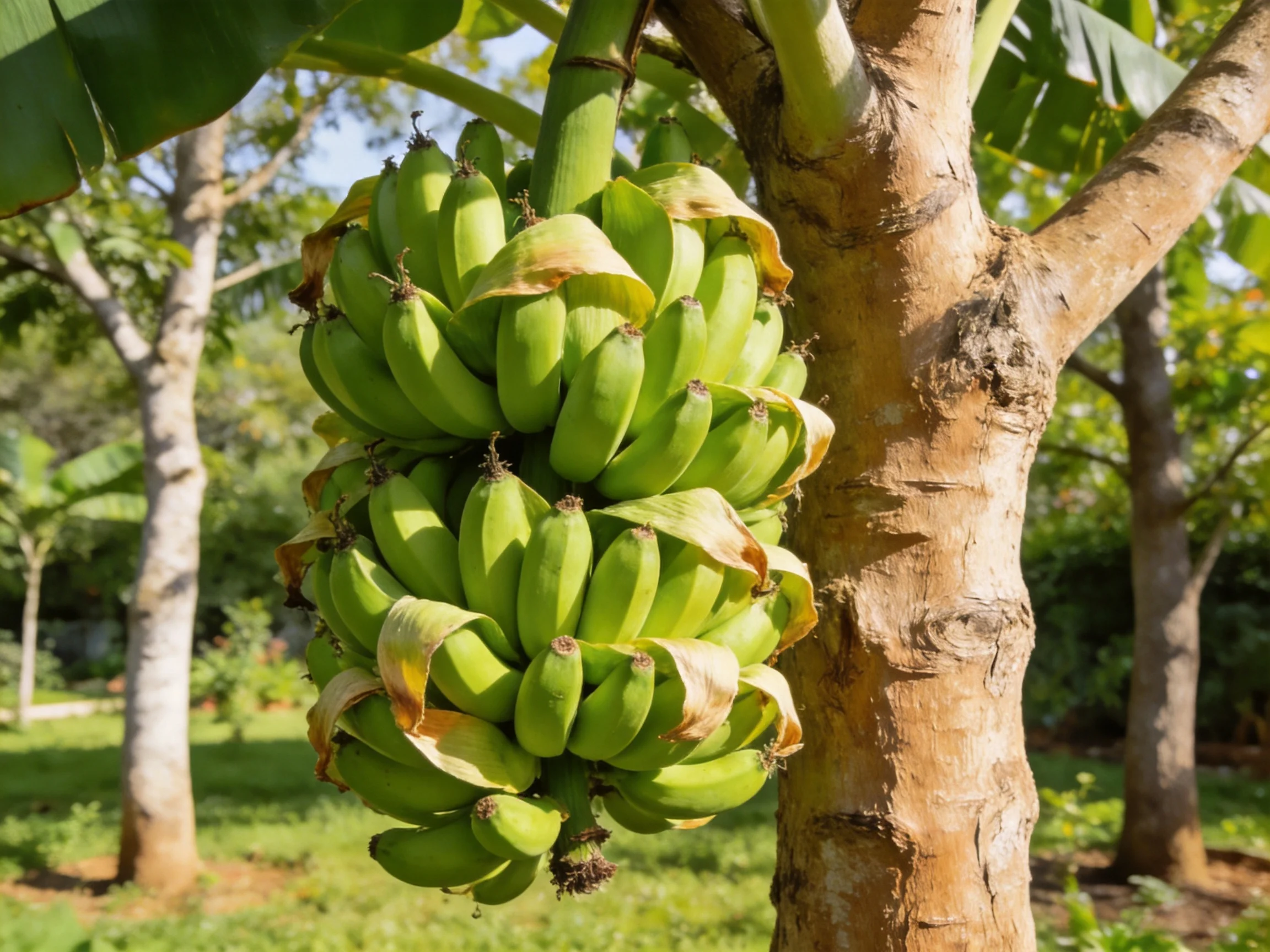 Two large bunches of vibrant green bananas hang from a tree trunk
