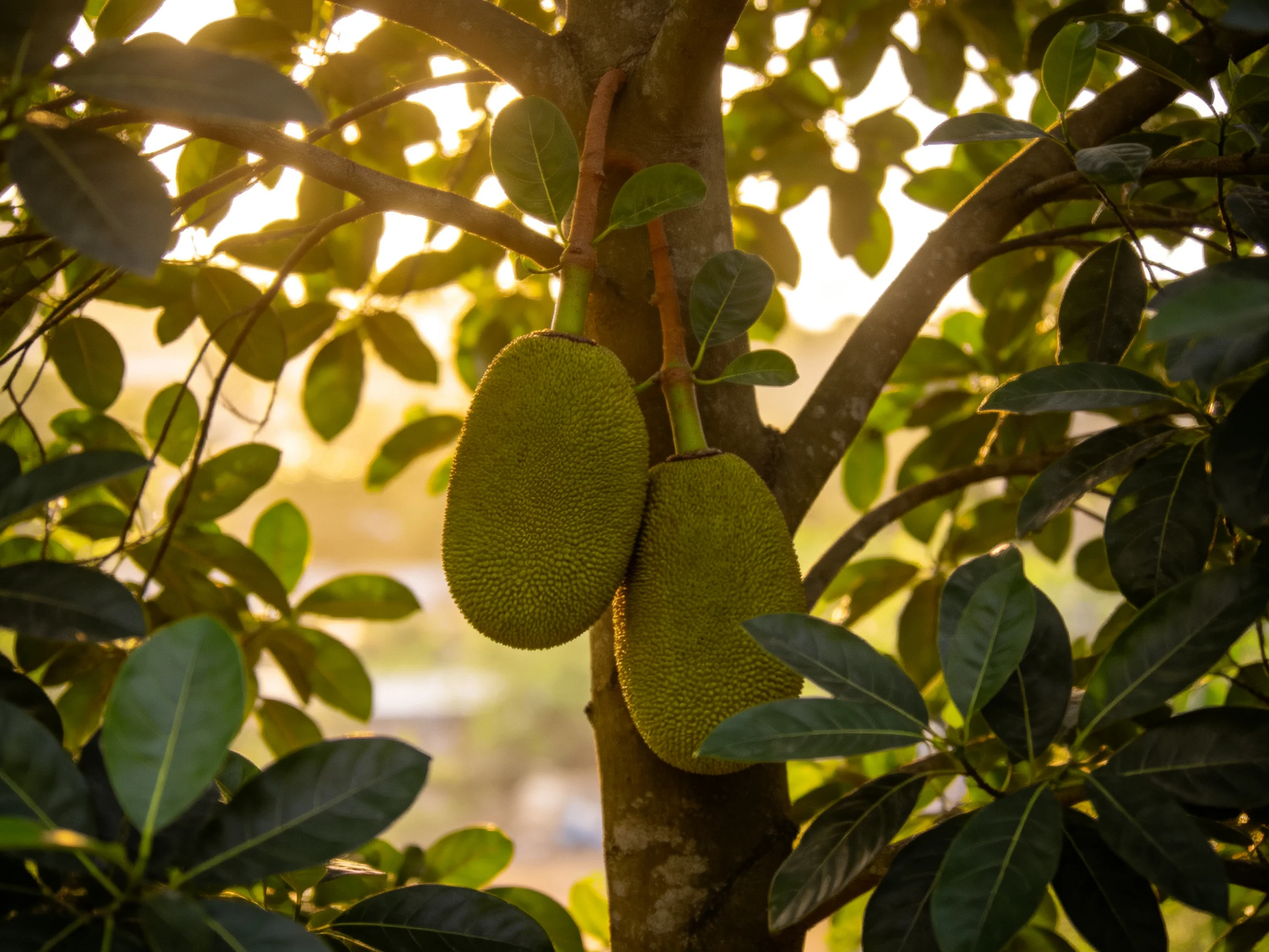 Two large green jackfruits hang from a sun-drenched tree with lush foliage