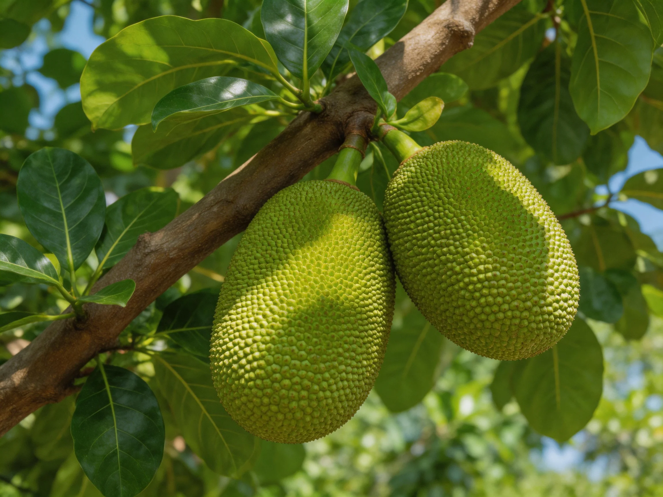 Two large green jackfruits hang from a tree branch amid lush leaves