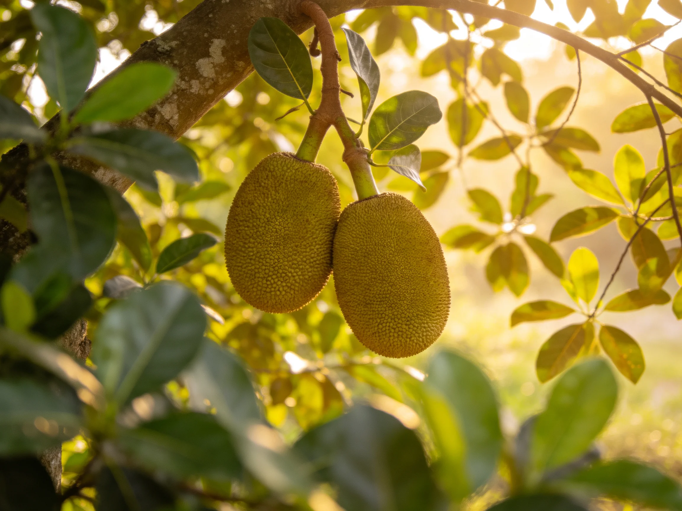 Two large jackfruits hang from a tree with lush green foliage under golden sunlight