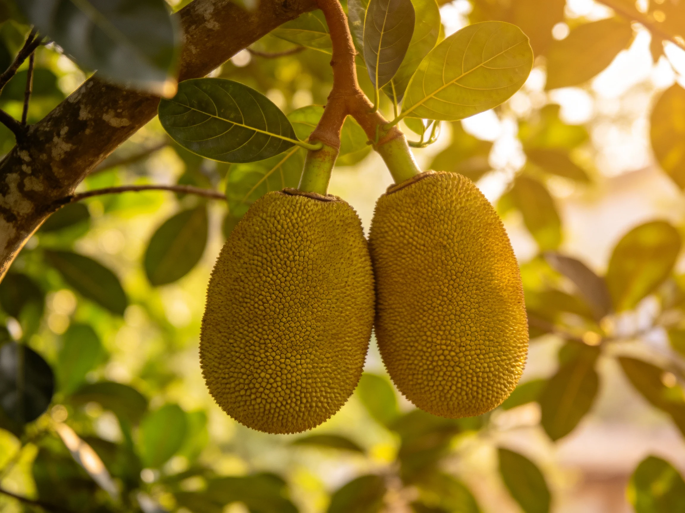 Two large, textured jackfruits hang from a tree branch amid lush green foliage