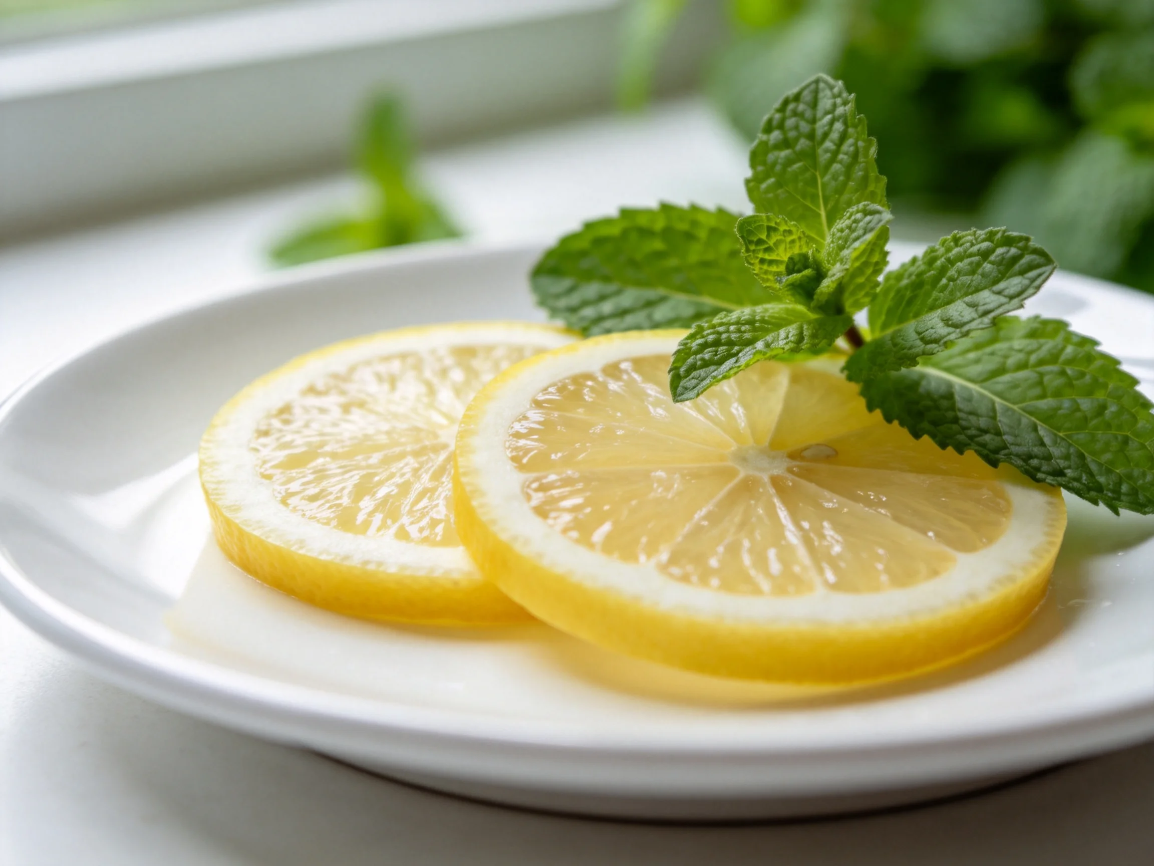 Two lemon slices with fresh mint on a white dish