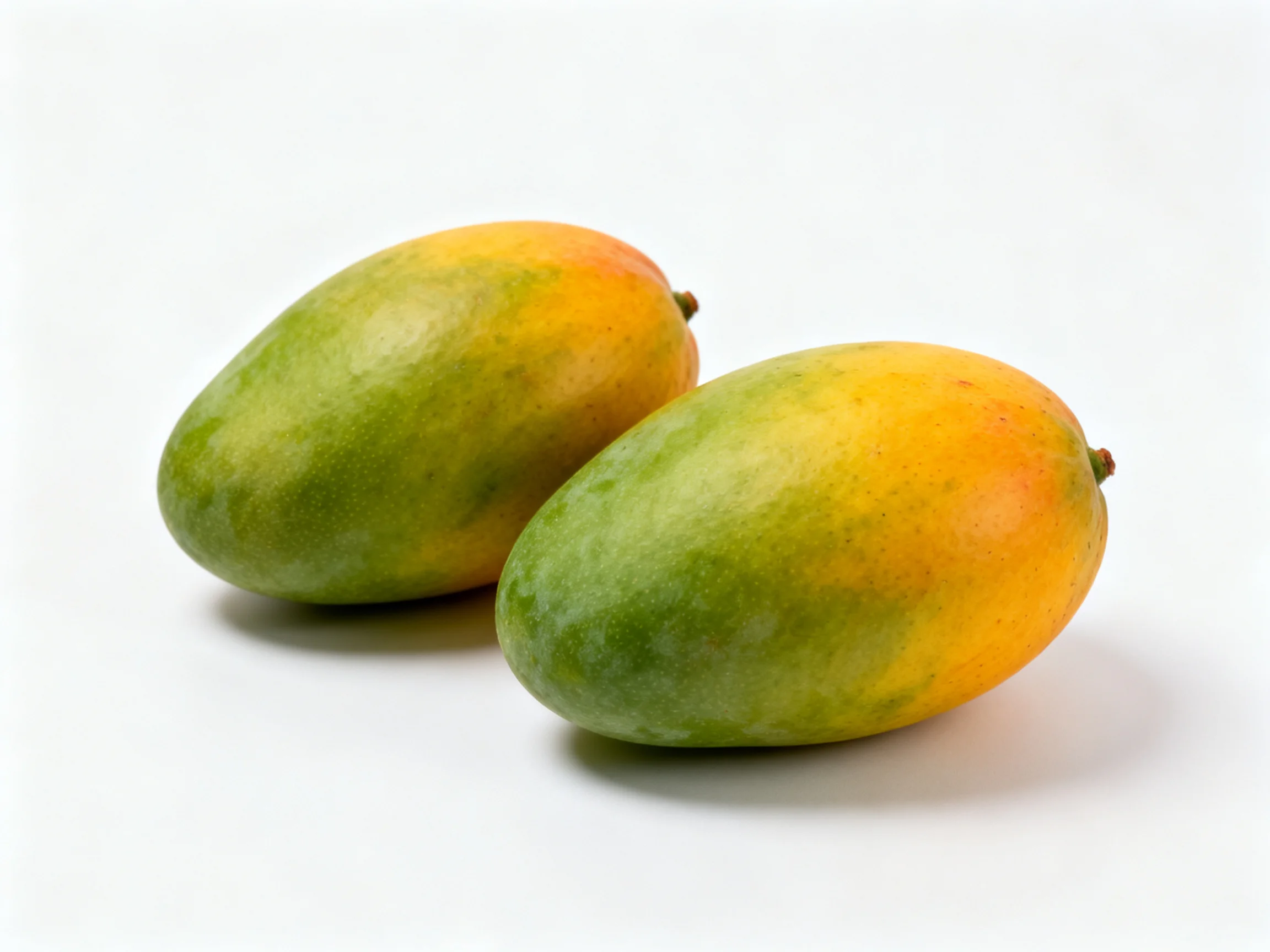Two mangoes with green and orange tones on a white