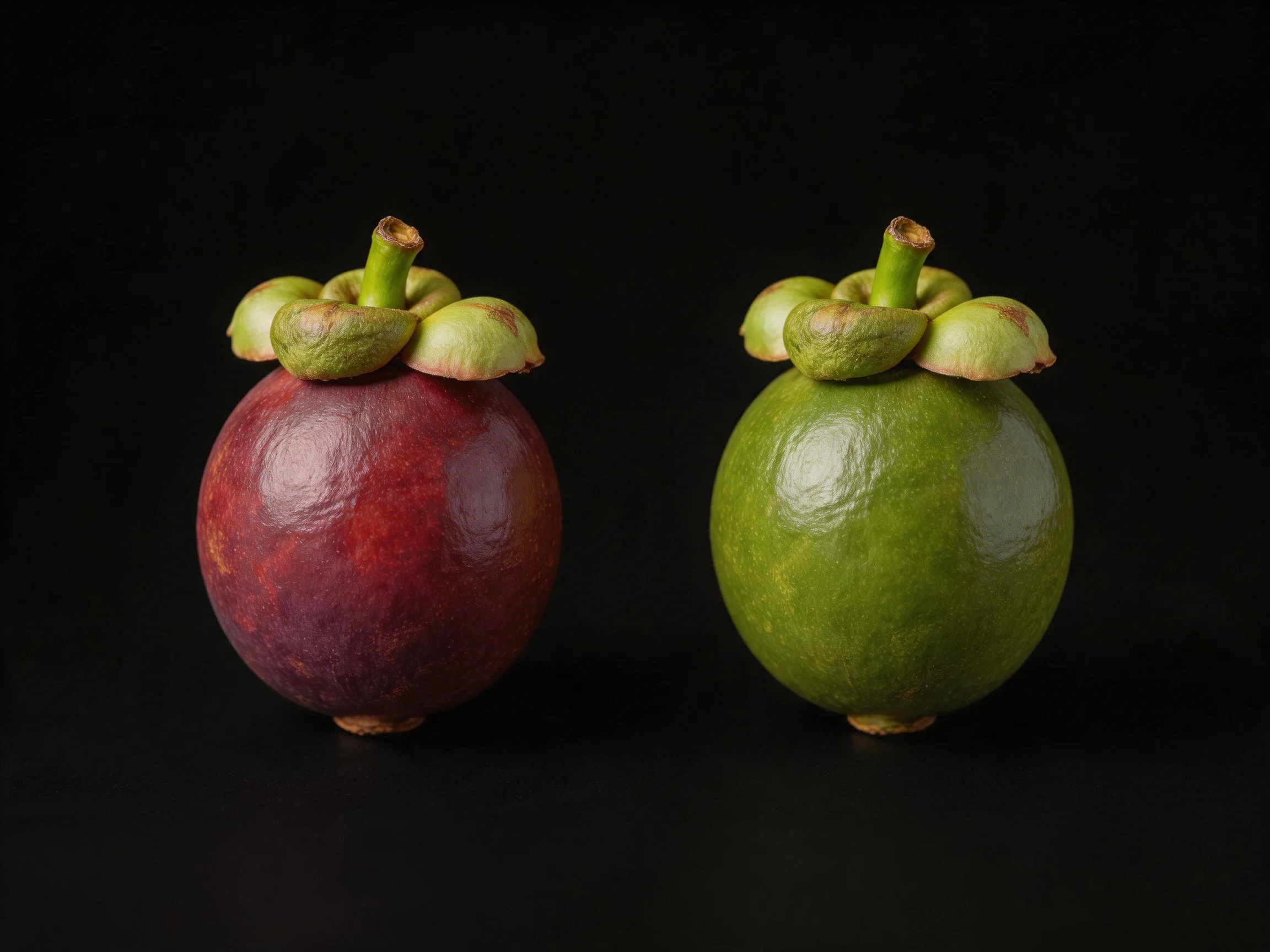 Two mangosteens display vibrant red and green skins on a dark background