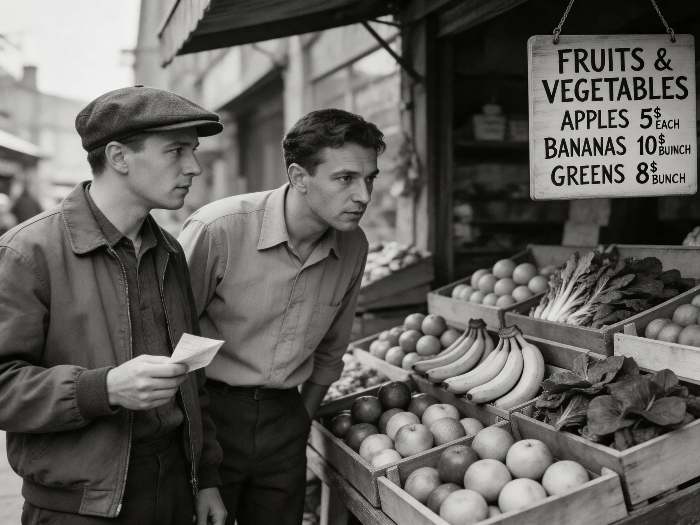 Two men examine fresh produce at an old-time fruit stand